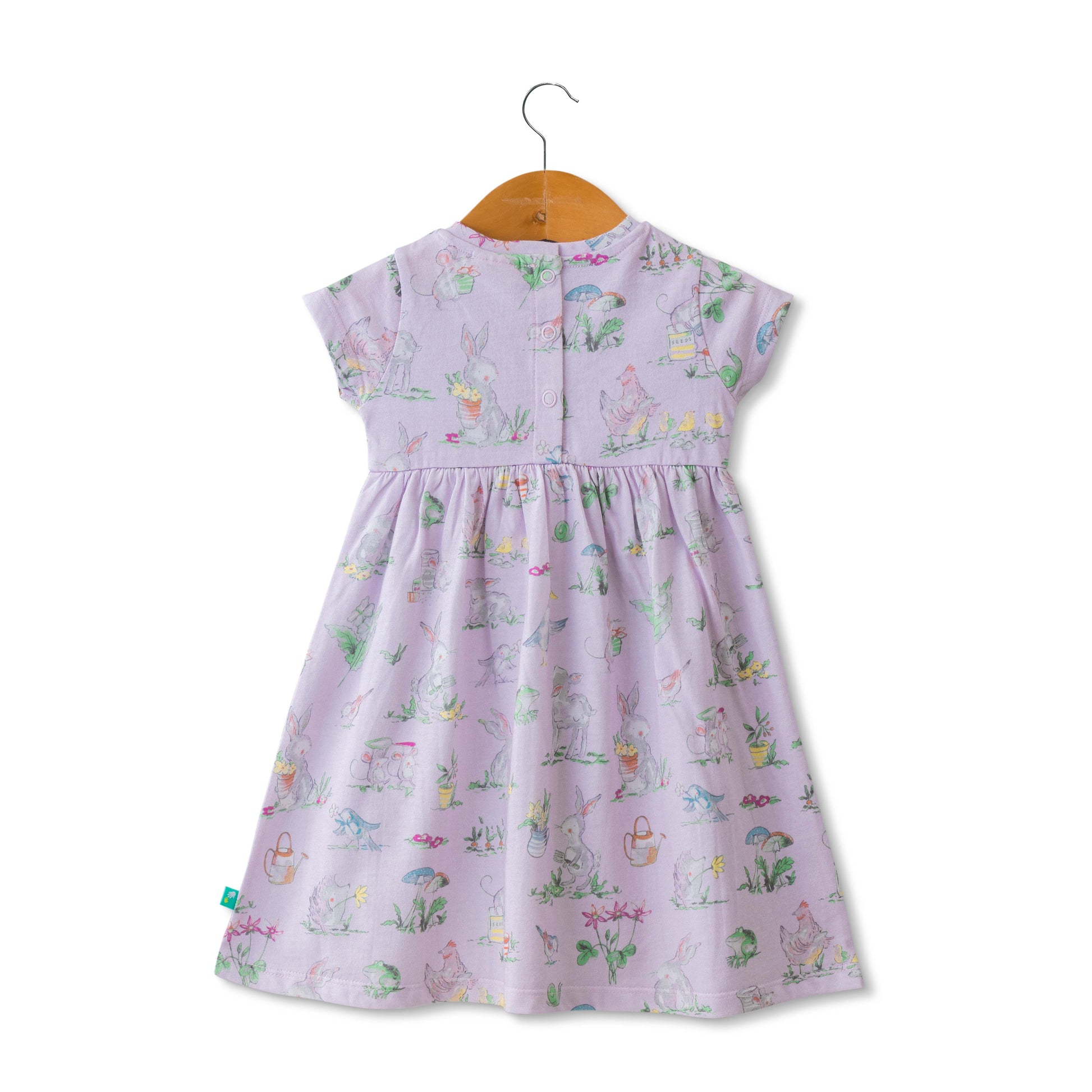 Baby Girls' Cap Sleeve Cotton Dress – Lilac Bunny & Garden Print with Bow Detail