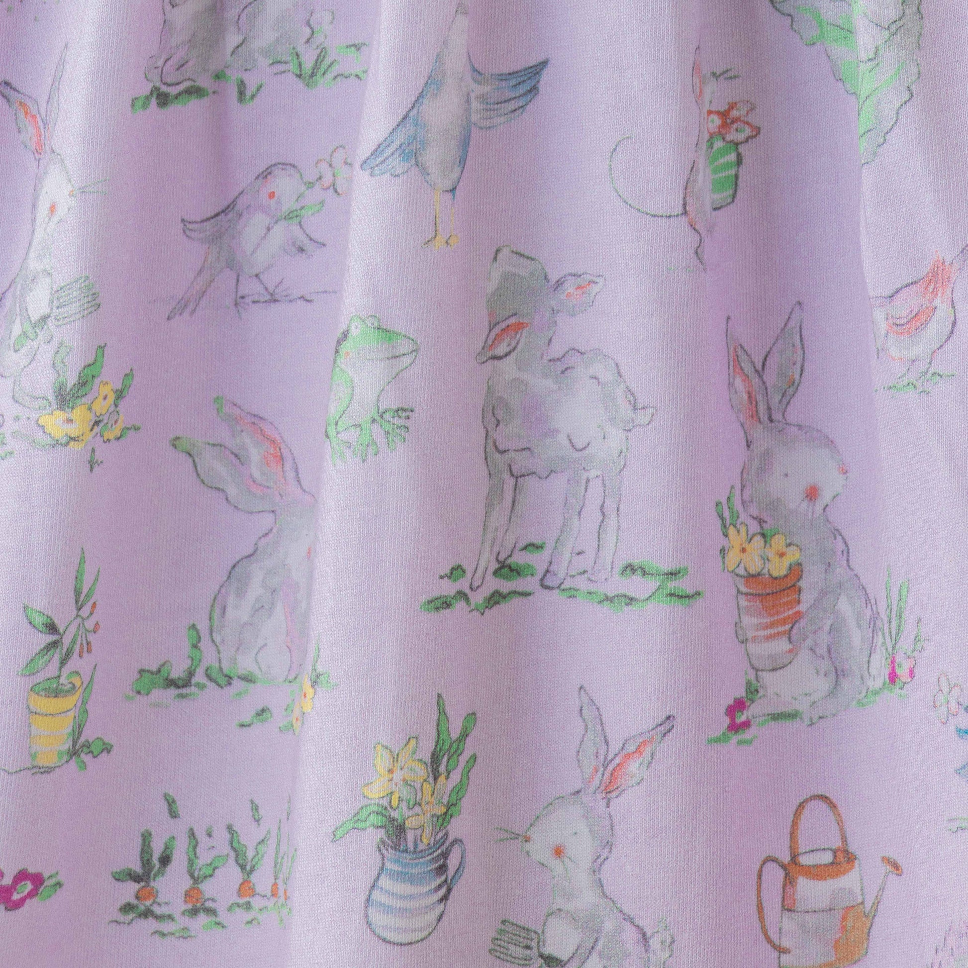 Baby Girls' Cap Sleeve Cotton Dress – Lilac Bunny & Garden Print with Bow Detail