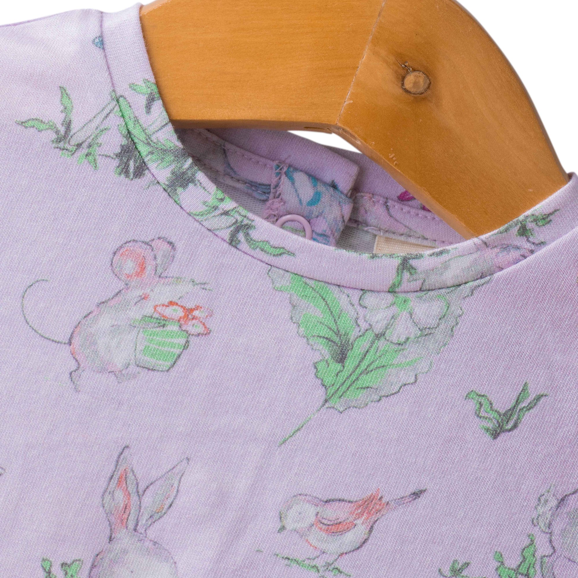 Baby Girls' Cap Sleeve Cotton Dress – Lilac Bunny & Garden Print with Bow Detail