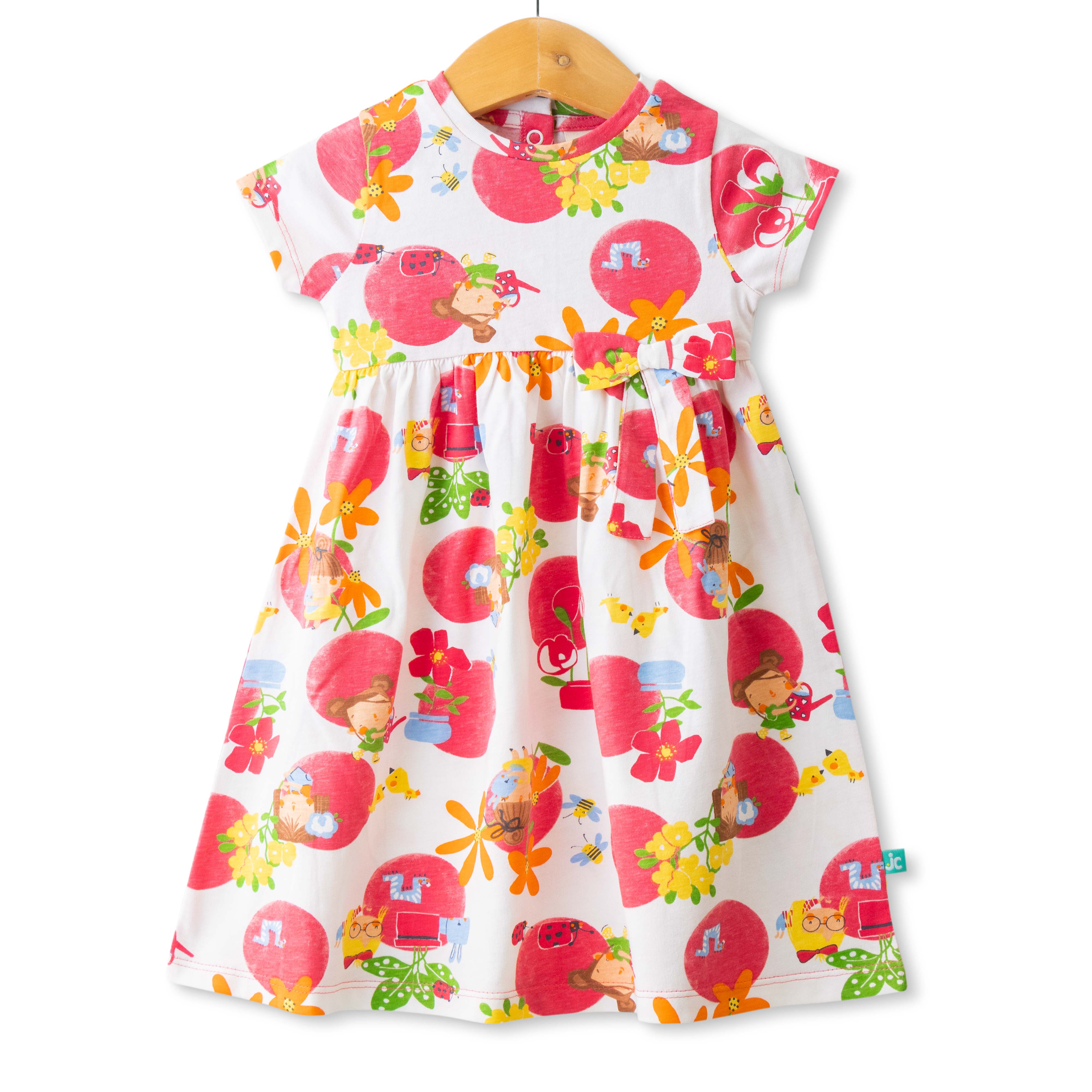 Baby Girls Dark Color All Over Printed Below Knee Casual Dress - White