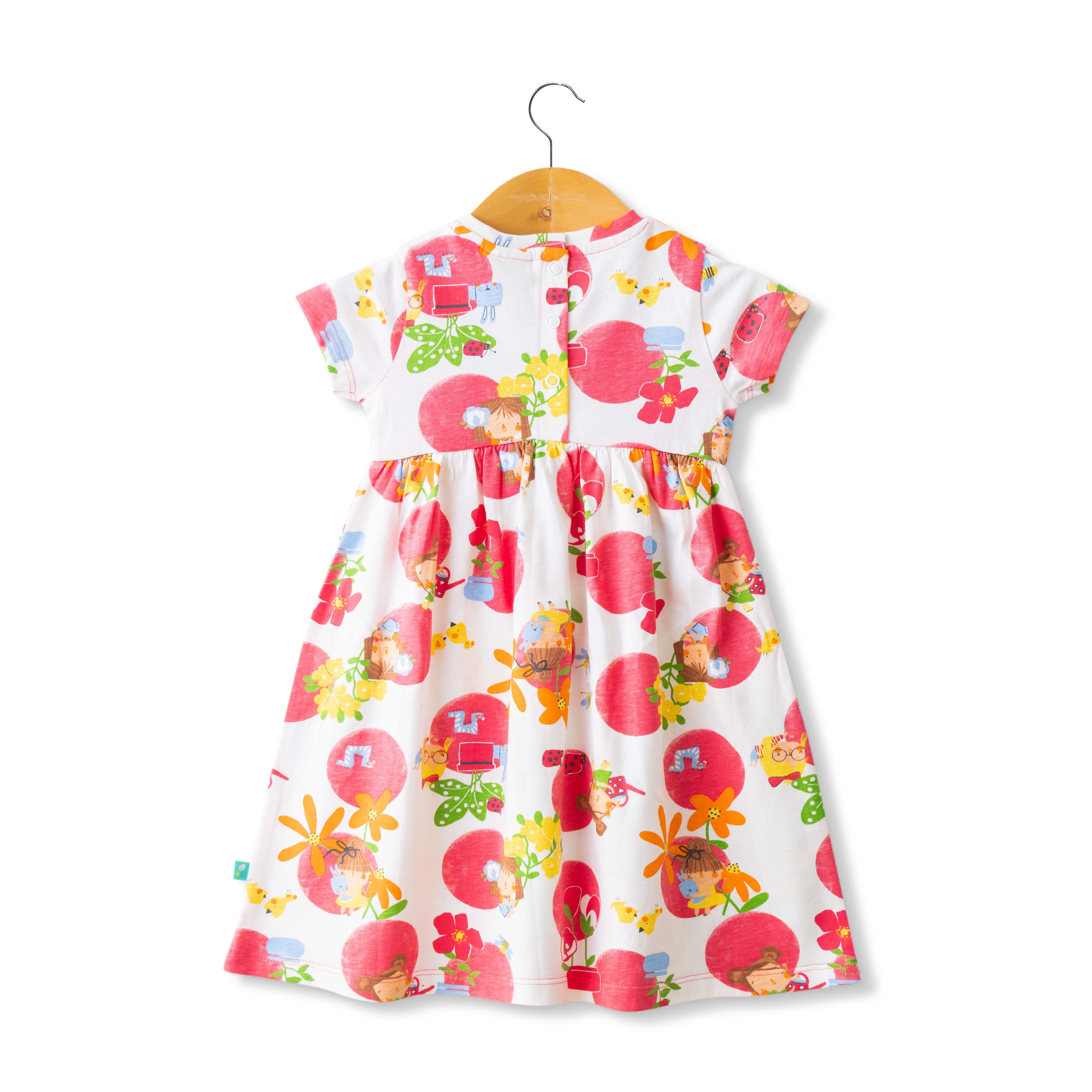 Baby Girls Dark Color All Over Printed Below Knee Casual Dress - White