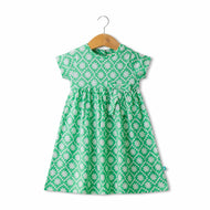 Baby Girls' Cap Sleeve Cotton Dress – Green Floral Print with Bow Detail