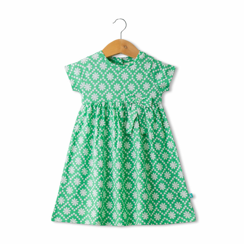 Baby Girls' Cap Sleeve Cotton Dress – Green Floral Print with Bow Detail