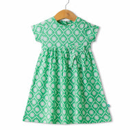 Baby Girls' Cap Sleeve Cotton Dress – Green Floral Print with Bow Detail