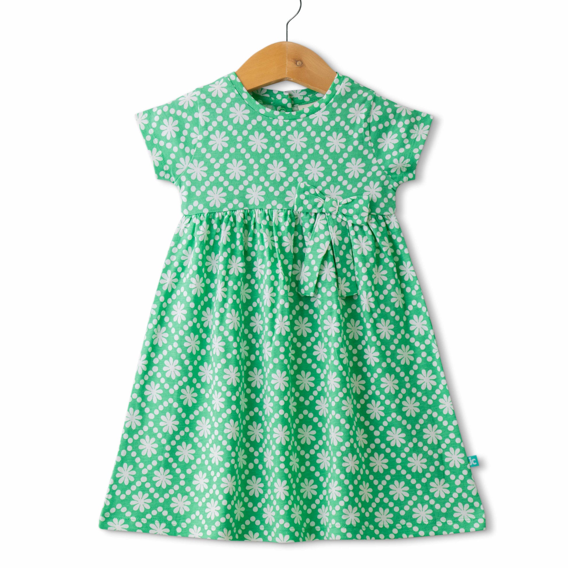 Baby Girls' Cap Sleeve Cotton Dress – Green Floral Print with Bow Detail