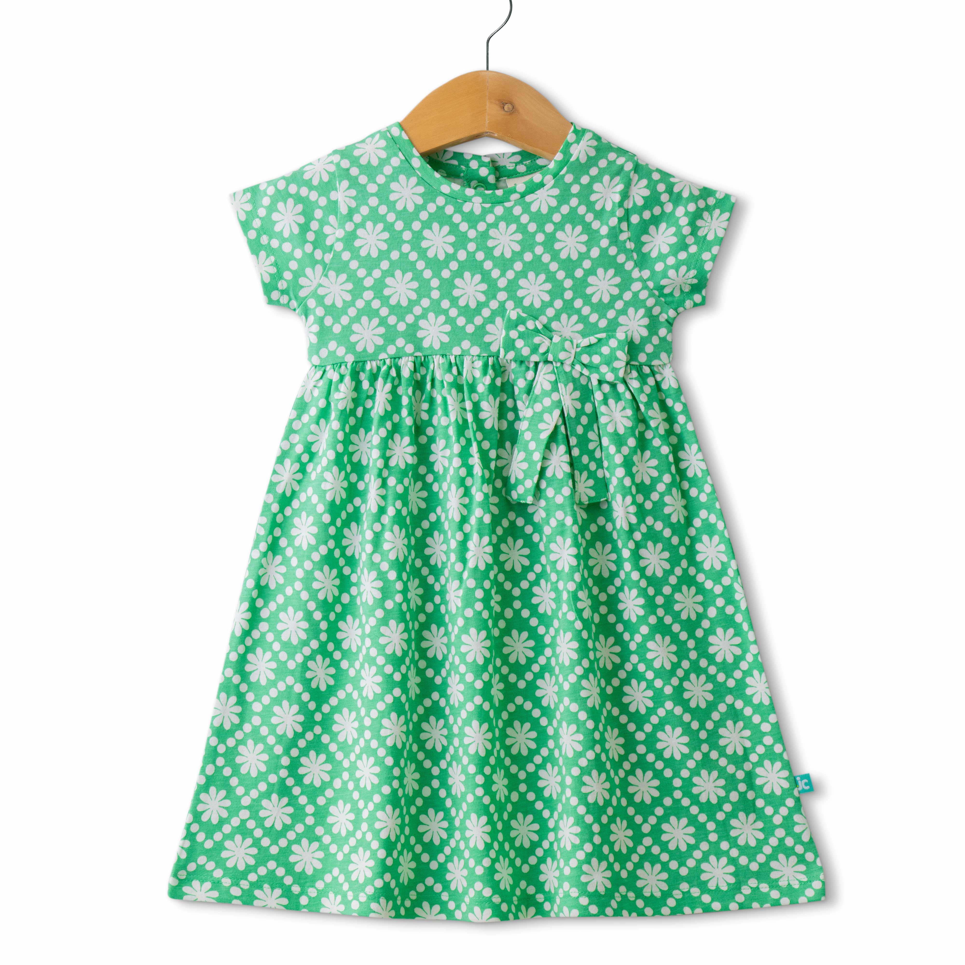 Baby Girls' Cap Sleeve Cotton Dress – Green Floral Print with Bow Detail