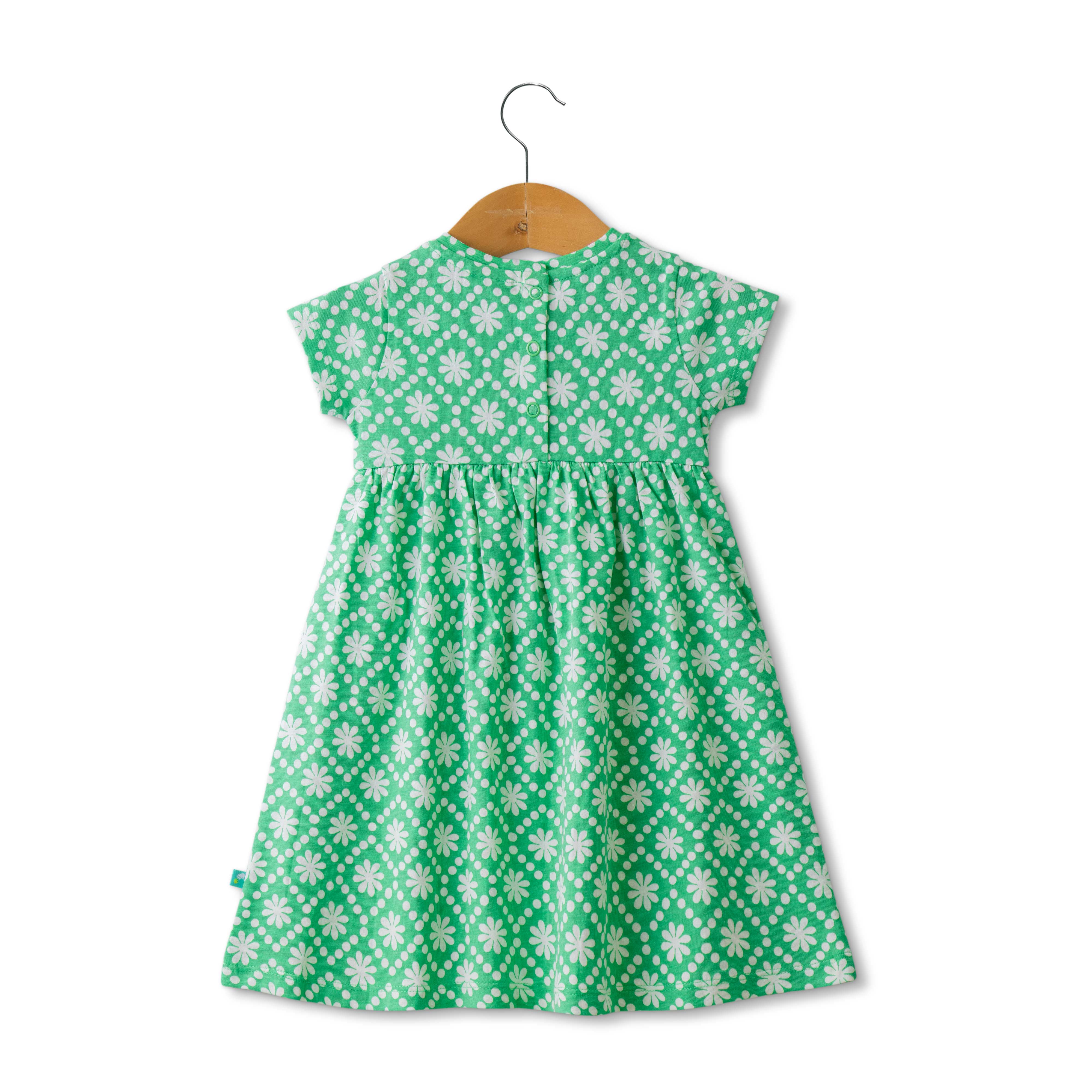 Baby Girls' Cap Sleeve Cotton Dress – Green Floral Print with Bow Detail