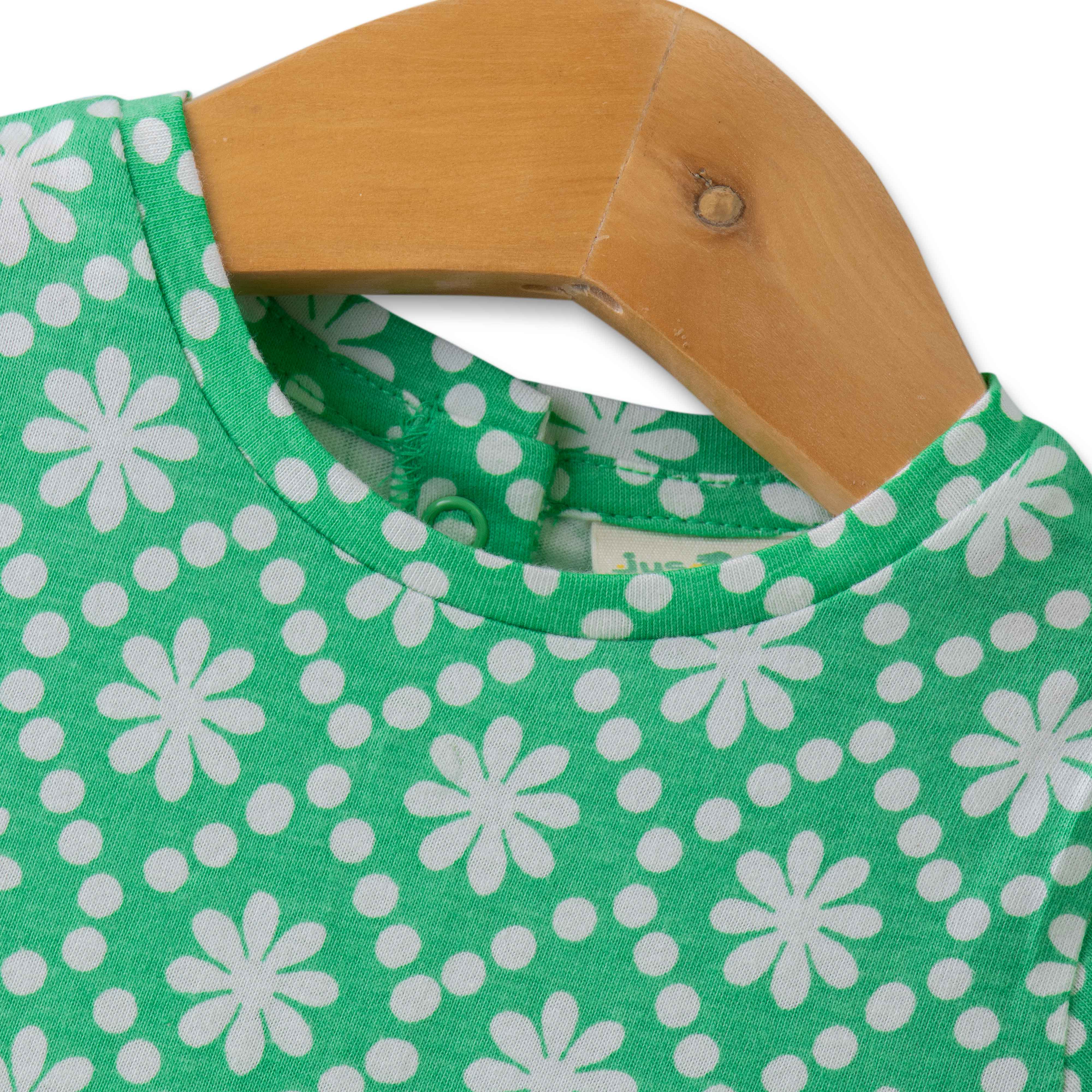 Baby Girls' Cap Sleeve Cotton Dress – Green Floral Print with Bow Detail