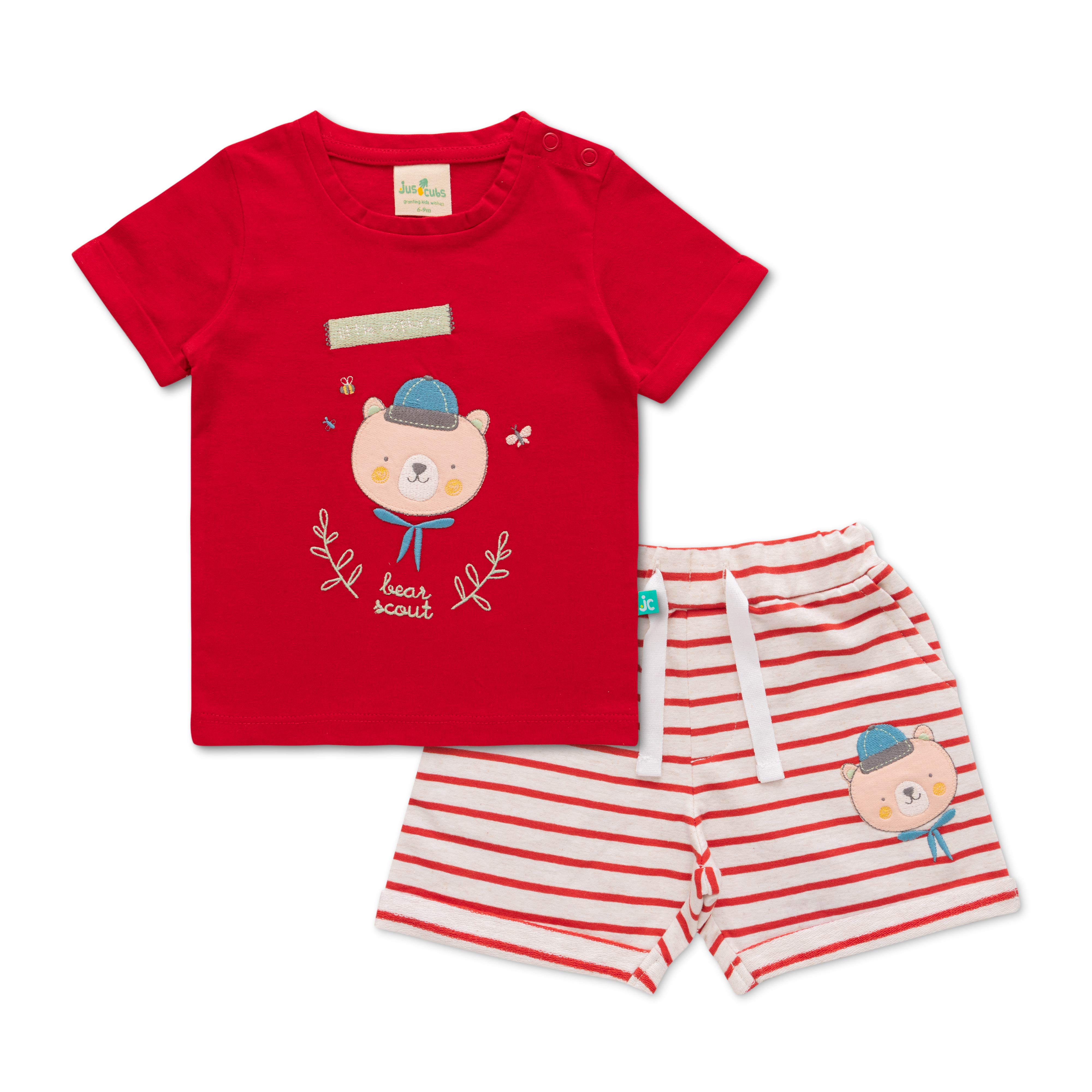 Infant Boys Striped Pure Cotton T-shirt with Shorts- Red