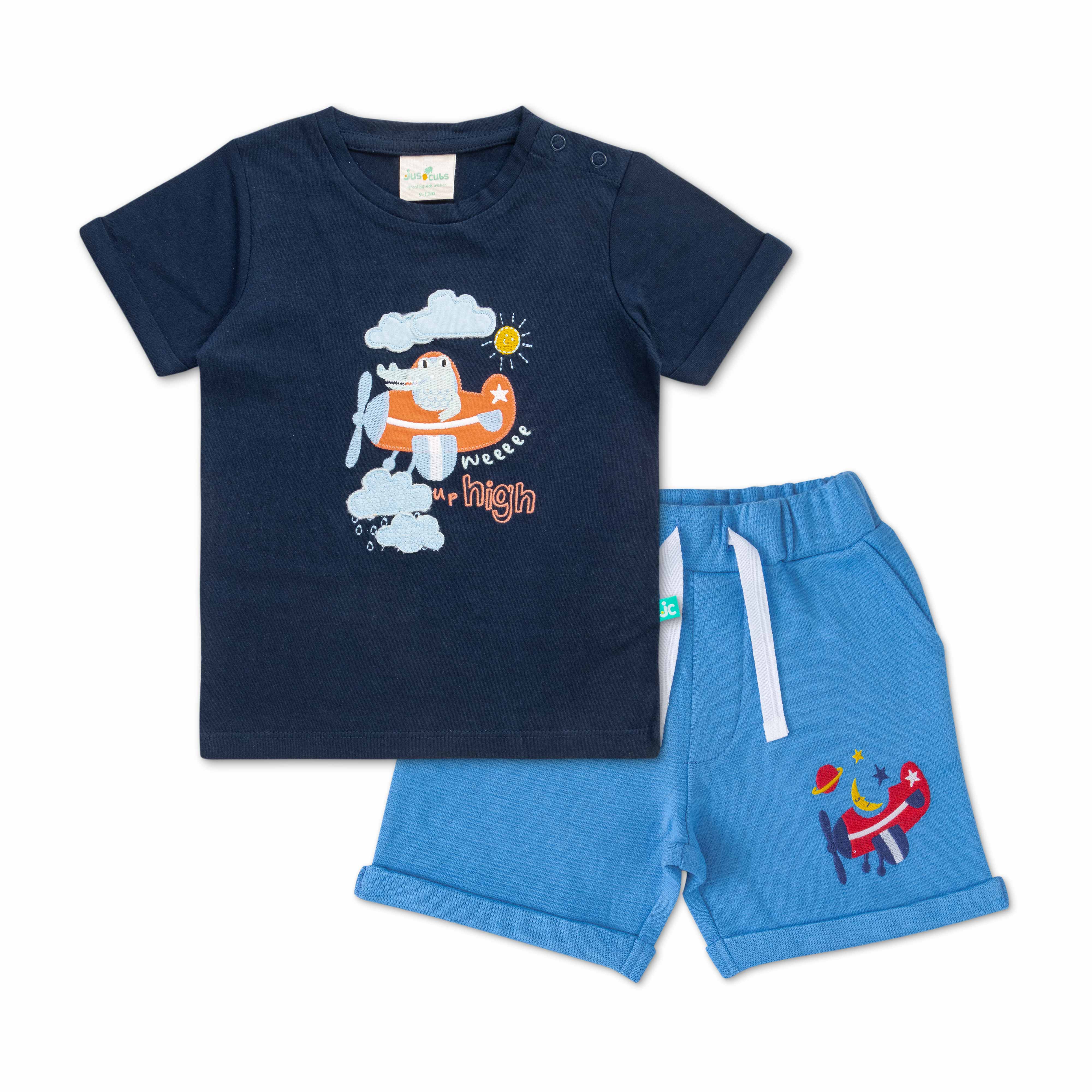 Infant Boys Striped Pure Cotton T-shirt with Shorts- Blue
