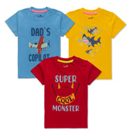 "Baby Boys' Graphic T-Shirt Pack – Set of 3 (Copilot, Shark, and Cool Monster Prints) – 100% Cotton"