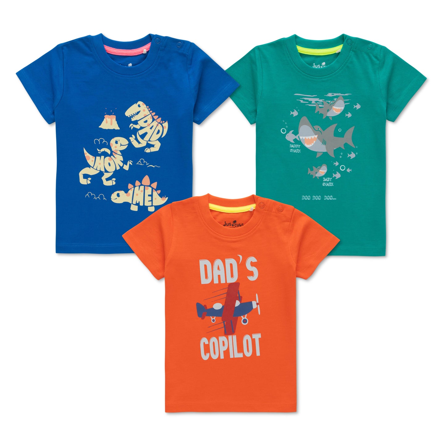 "Baby Boys' Printed T-Shirt Combo – Pack of 3 (Dino, Shark & Dad's Copilot Designs) – 100% Cotton"