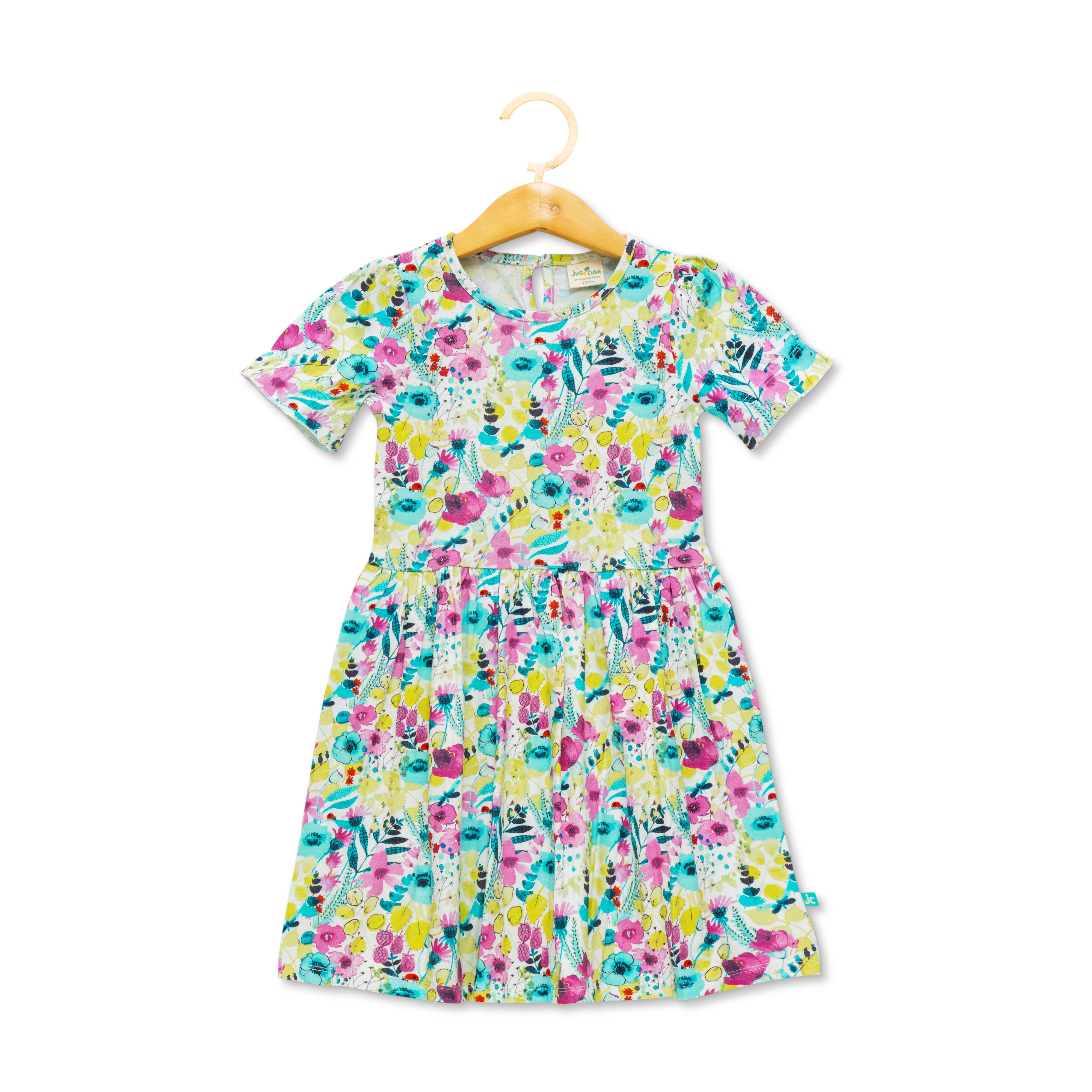 Girls Floral Printed Fit & Flare Dress - Off White