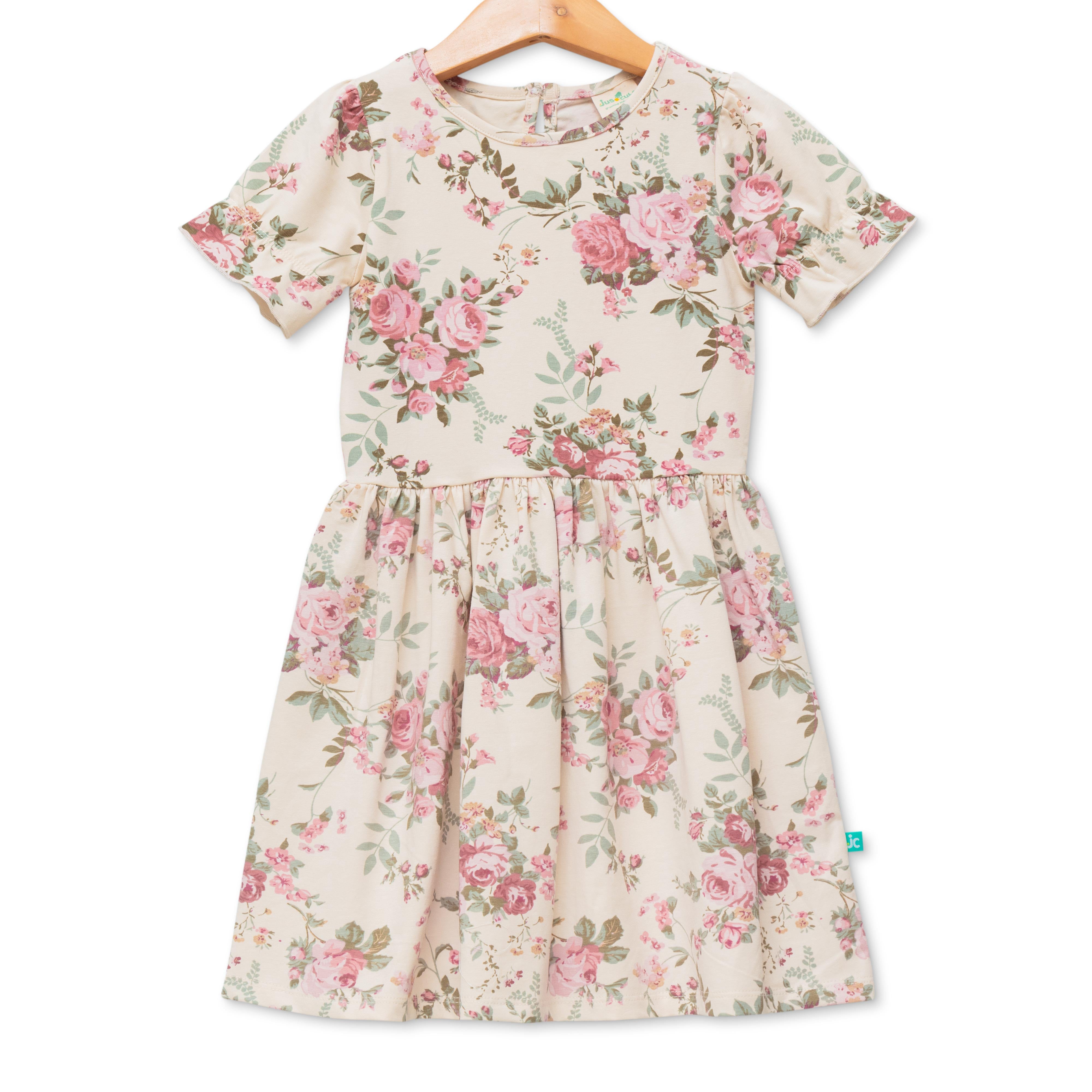 Girls Floral Printed Crew Neck Fit & Flare Dress
