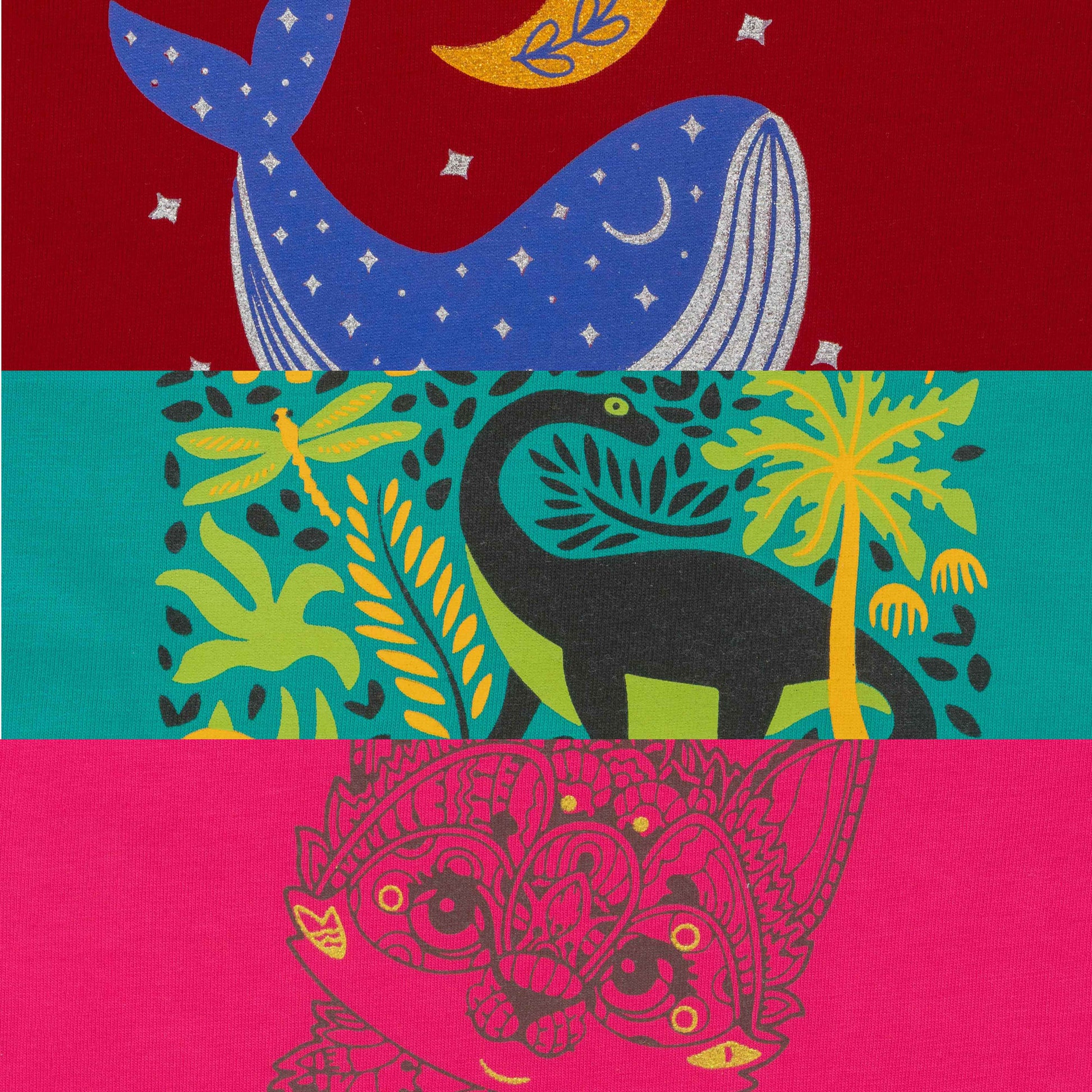 "Girls' Cotton Printed T-Shirts – Pack of 3 Stylish Tees with Dinosaur, Whale & Cat Designs"