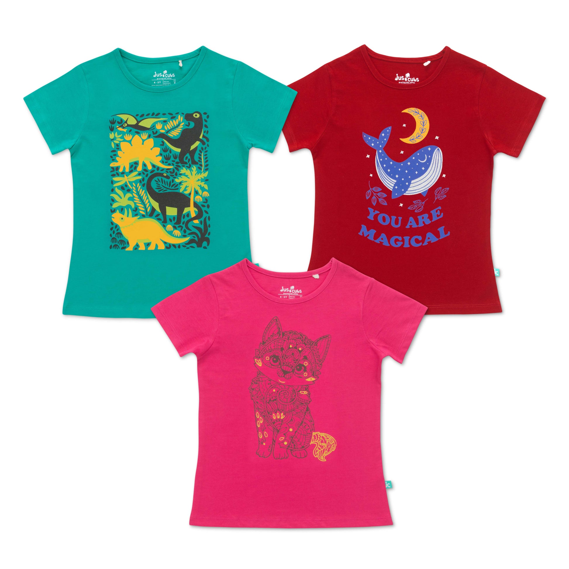 "Girls' Cotton Printed T-Shirts – Pack of 3 Stylish Tees with Dinosaur, Whale & Cat Designs"