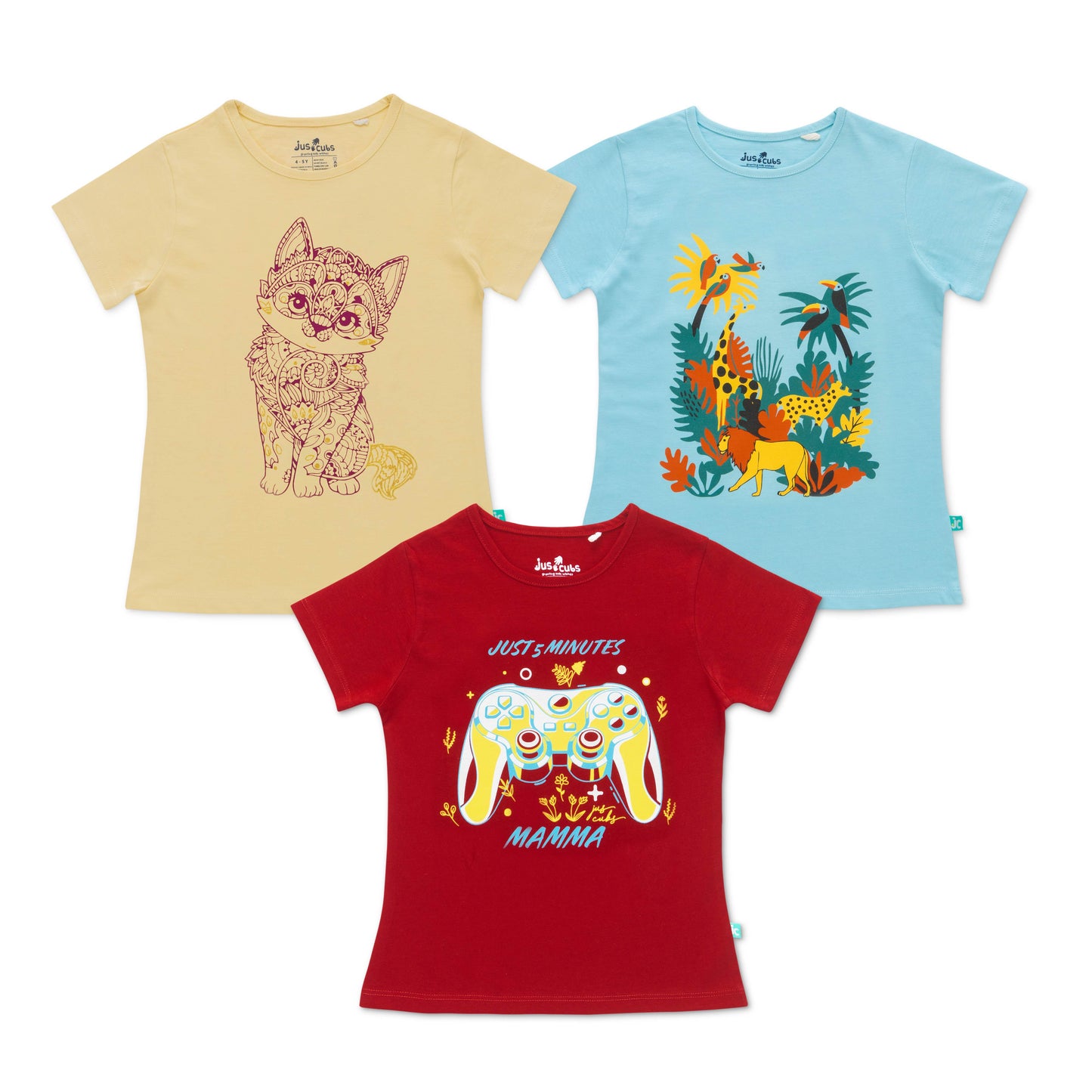 "Girls' Cotton Printed T-Shirts – Pack of 3 Colorful Short Sleeve Tees with Fun Graphics"