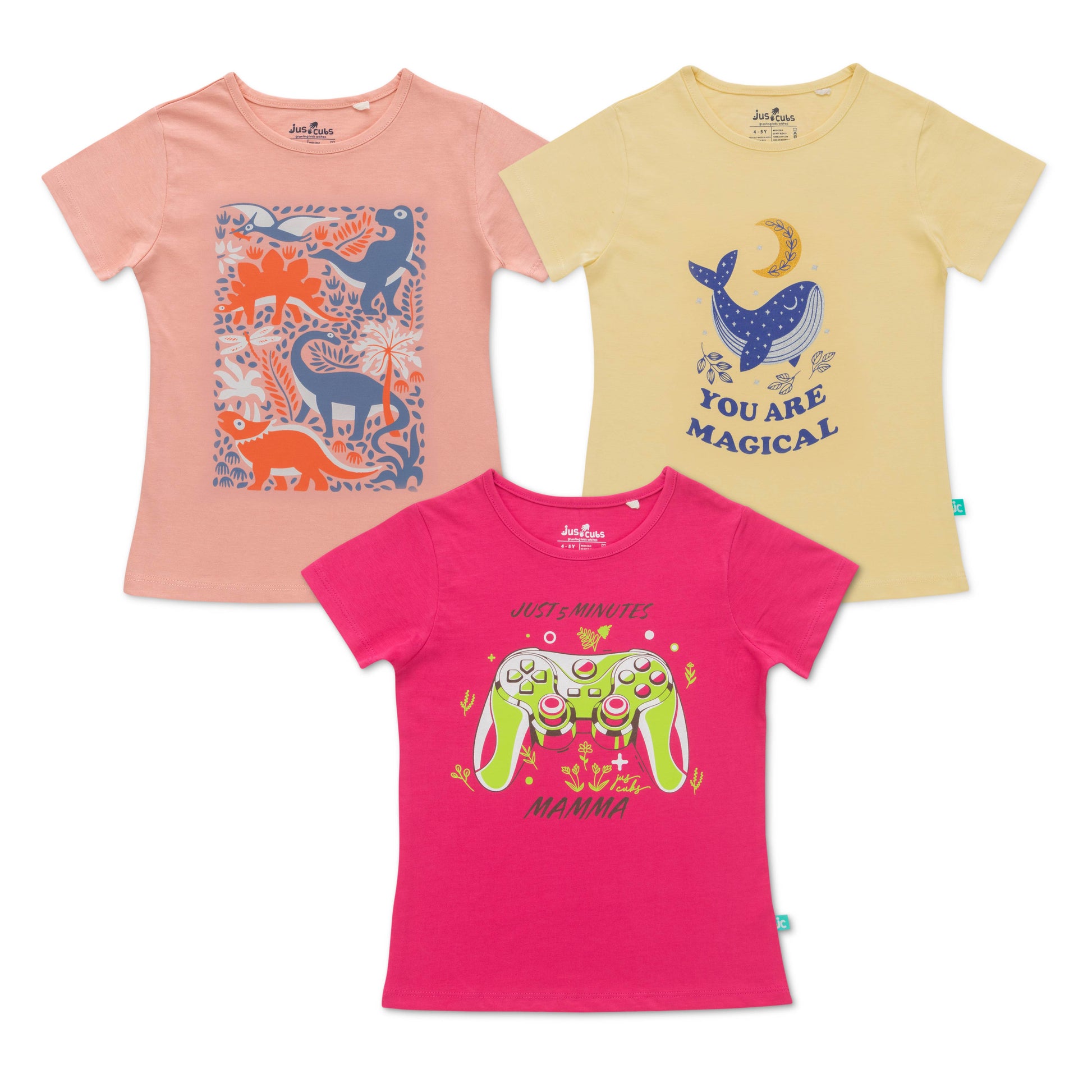 "Girls' Cotton Printed T-Shirt Set – Pack of 3 Colorful Tees with Fun Graphics"