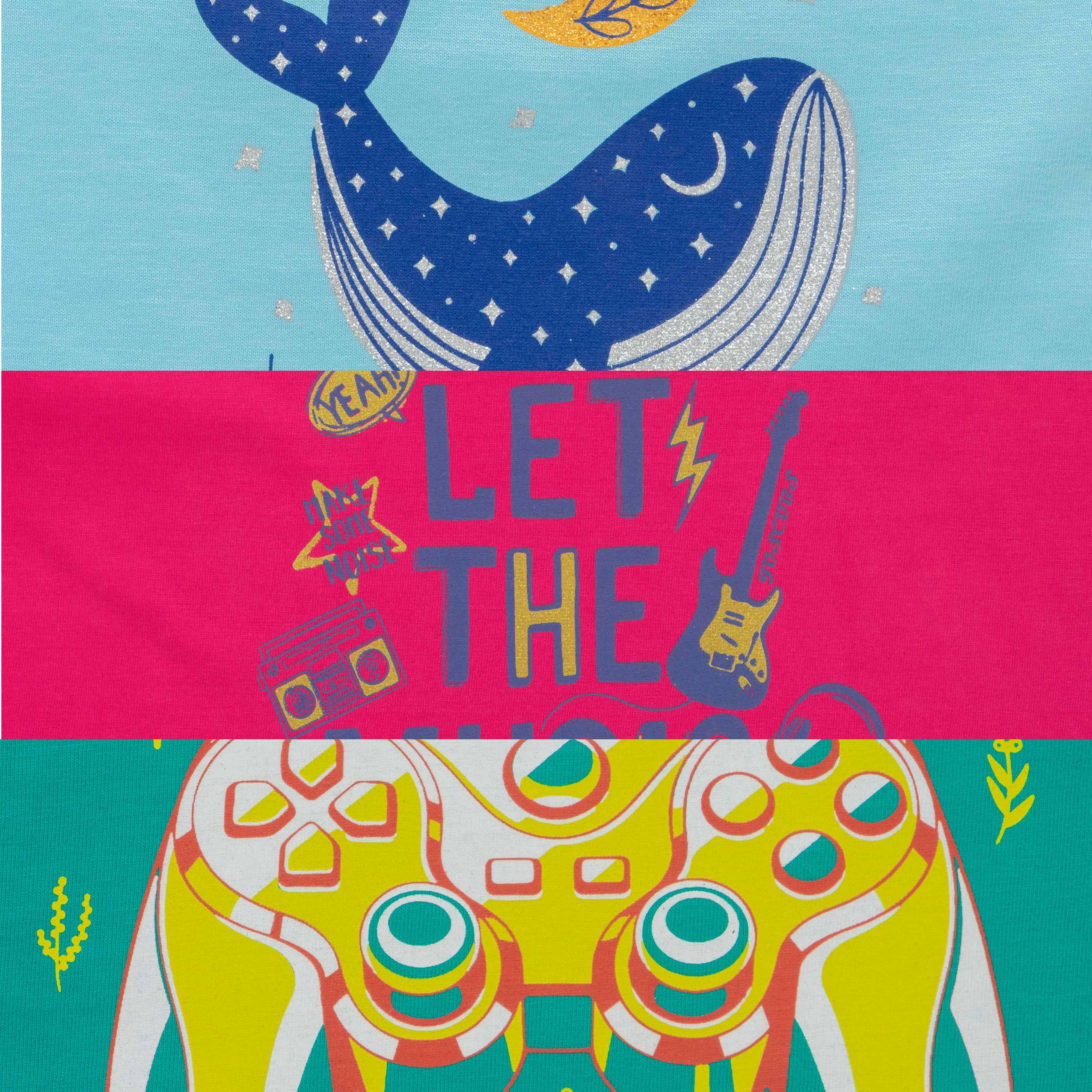 Pack of 3 Girls' Cotton T-Shirts – Fun Prints Featuring Music, Whale & Game Controller Designs