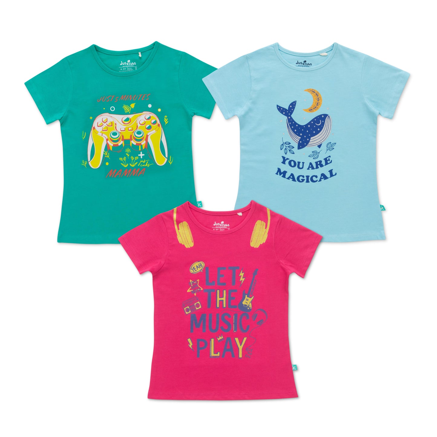 Pack of 3 Girls' Cotton T-Shirts – Fun Prints Featuring Music, Whale & Game Controller Designs