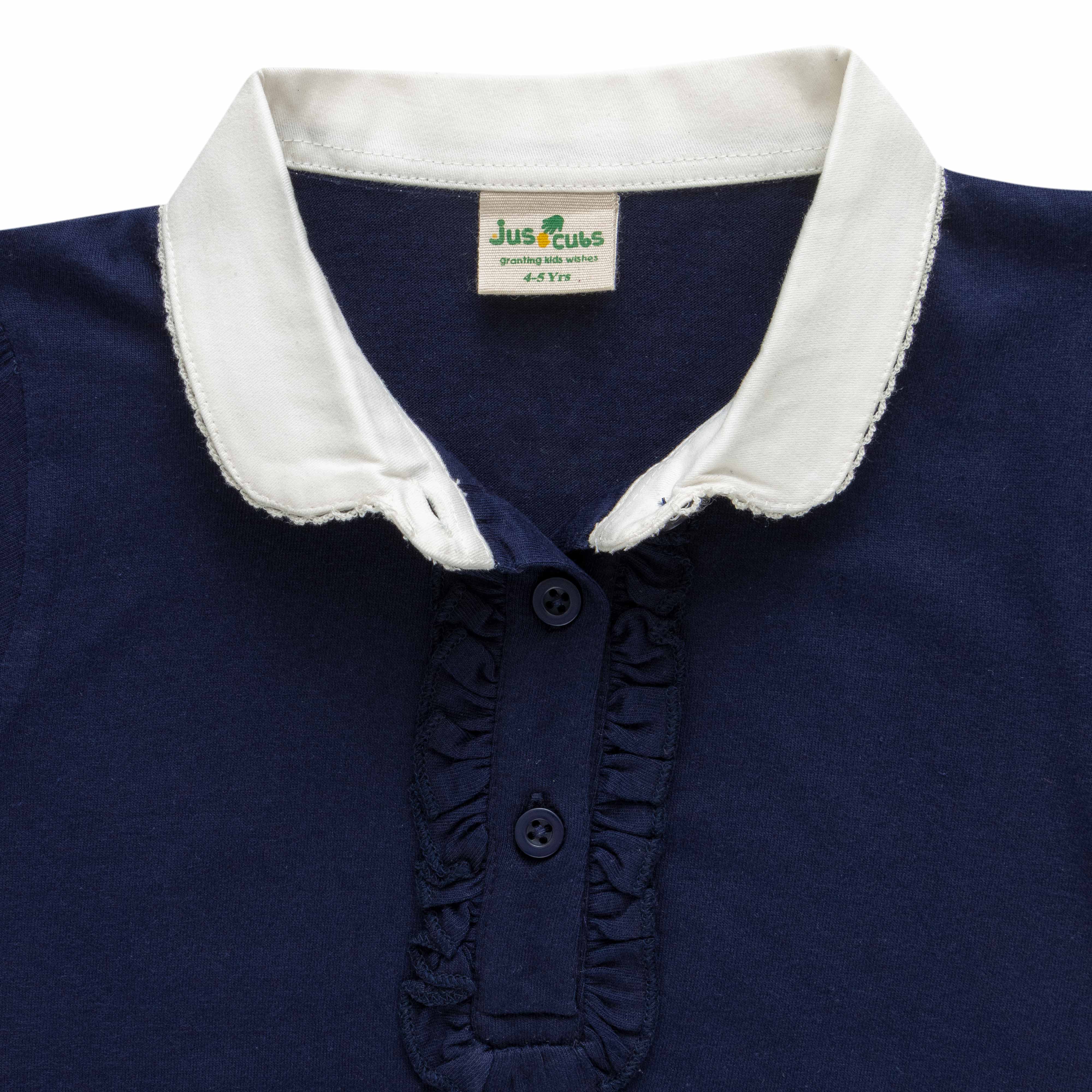 "Girls' Navy Blue Solid Polo T-Shirt with Ruffled Button Placket , White Collar & Embroidered Logo"