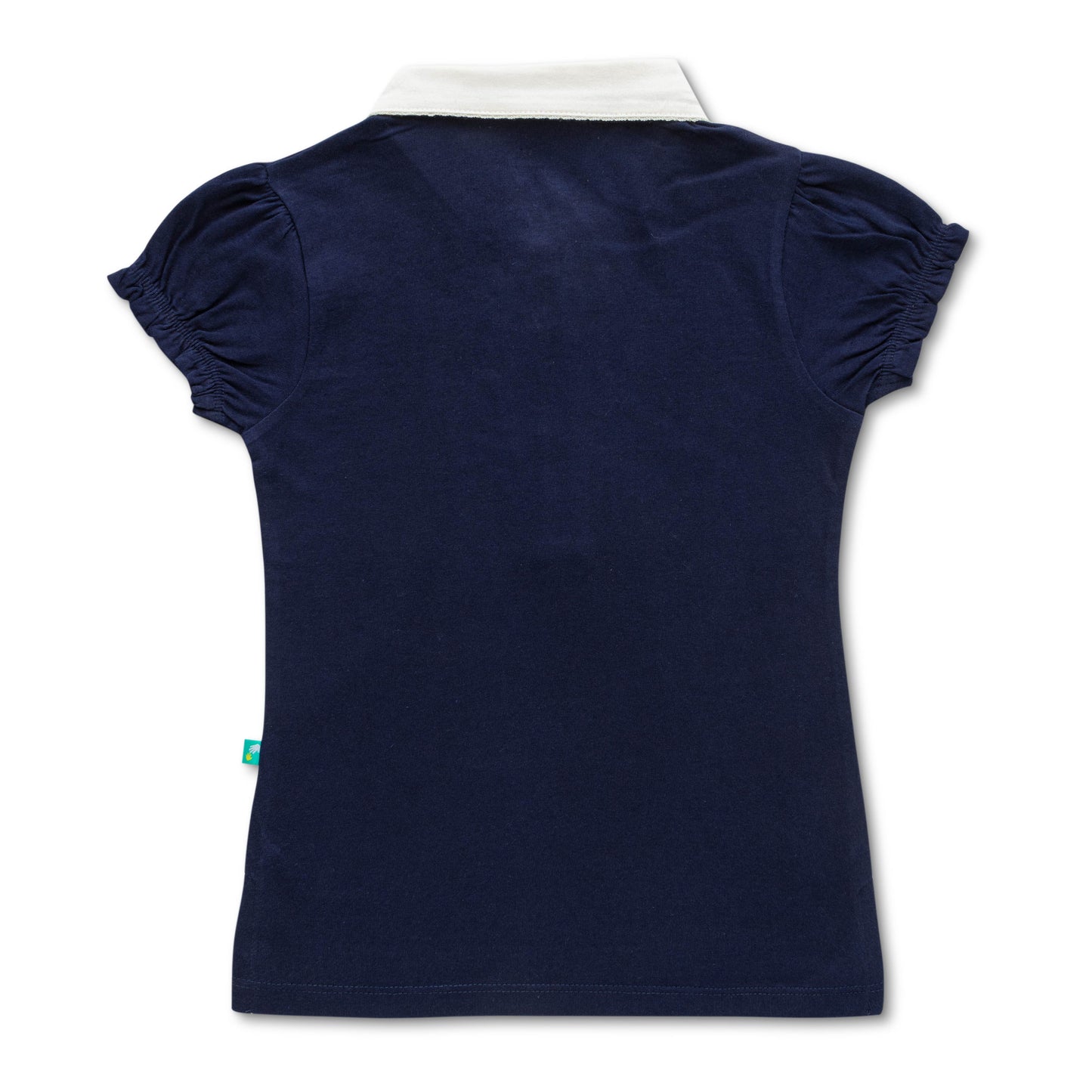 "Girls' Navy Blue Solid Polo T-Shirt with Ruffled Button Placket , White Collar & Embroidered Logo"