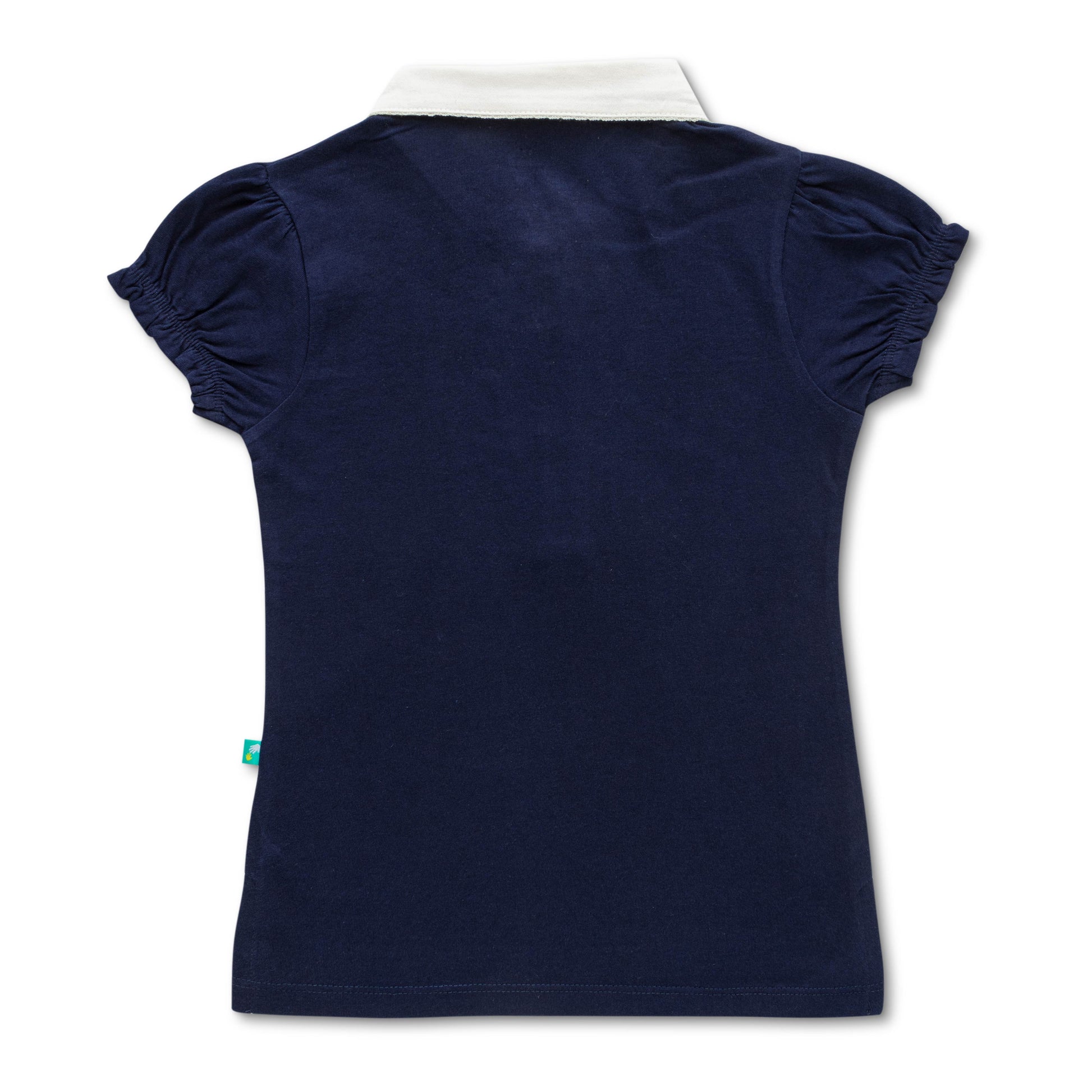 "Girls' Navy Blue Solid Polo T-Shirt with Ruffled Button Placket , White Collar & Embroidered Logo"