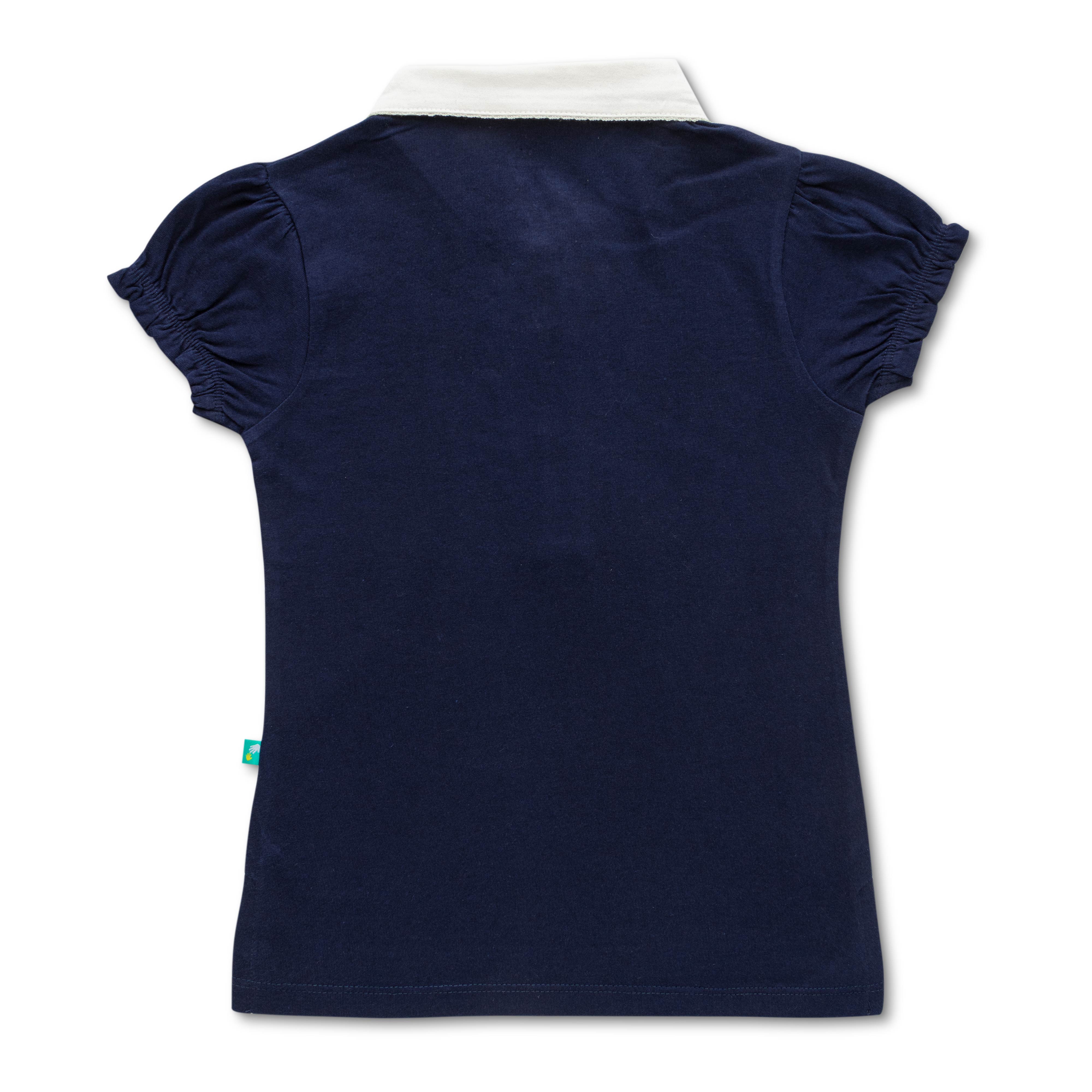 "Girls' Navy Blue Solid Polo T-Shirt with Ruffled Button Placket , White Collar & Embroidered Logo"