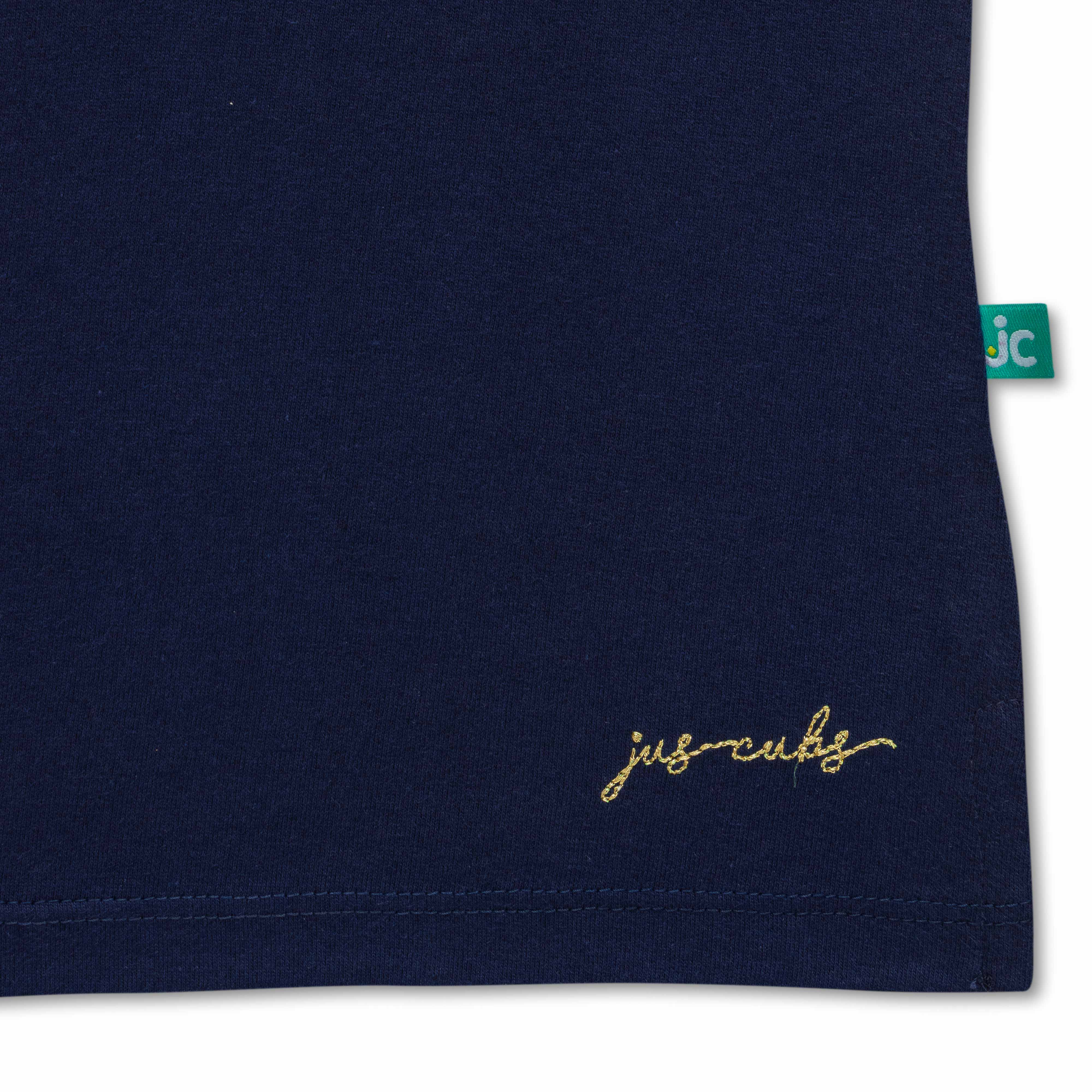 "Girls' Navy Blue Solid Polo T-Shirt with Ruffled Button Placket , White Collar & Embroidered Logo"