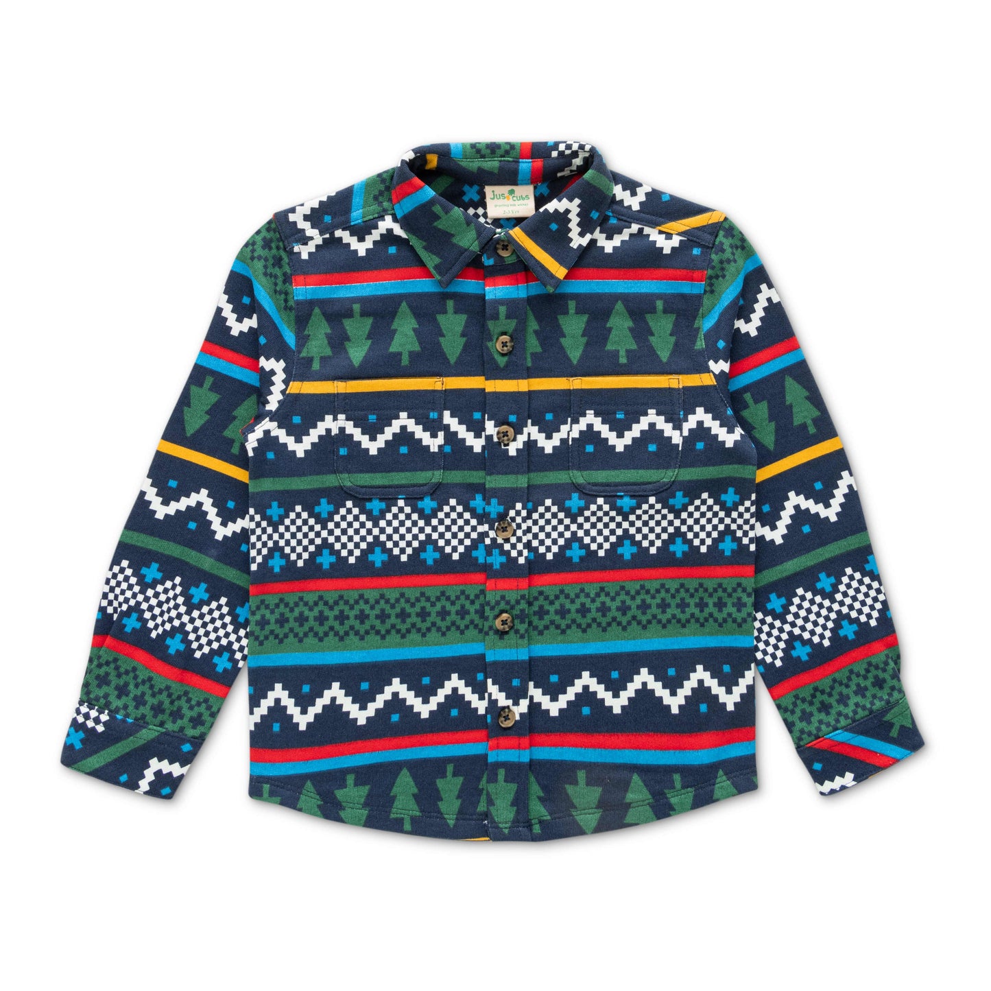 Boys' Long Sleeve Button-Up Flannel Shirt – Festive Forest & Geometric Print