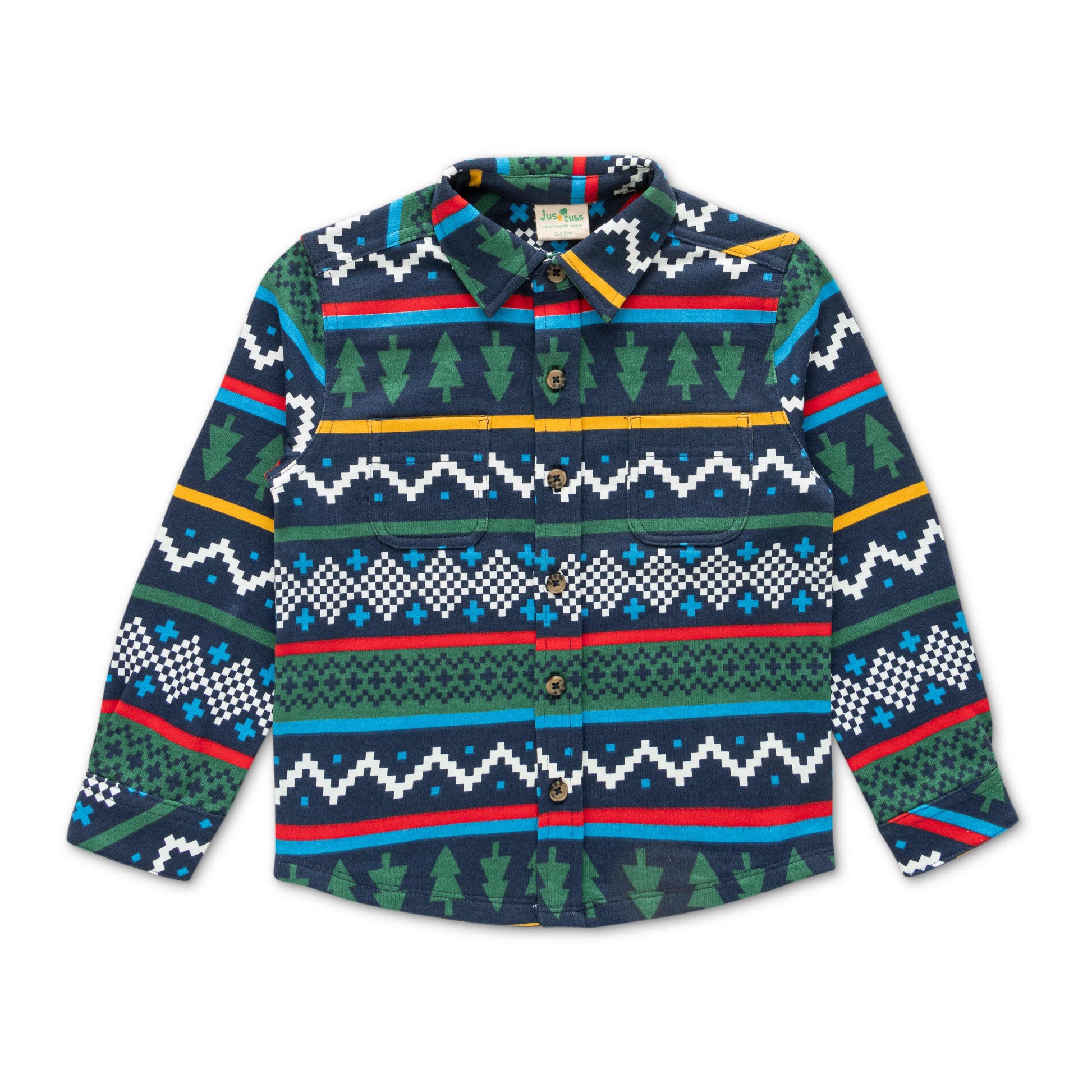 Boys' Long Sleeve Button-Up Flannel Shirt – Festive Forest & Geometric Print