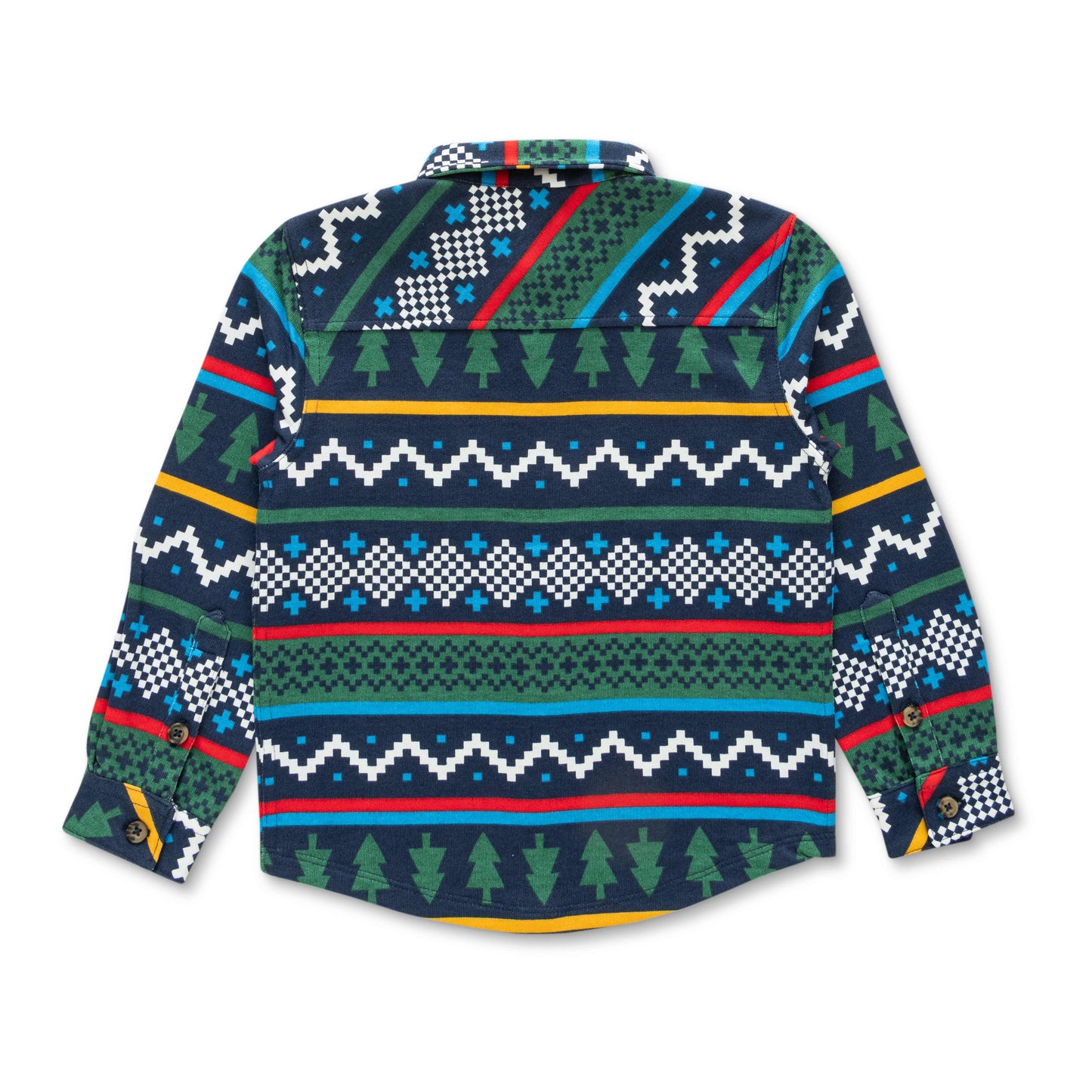 Boys' Long Sleeve Button-Up Flannel Shirt – Festive Forest & Geometric Print