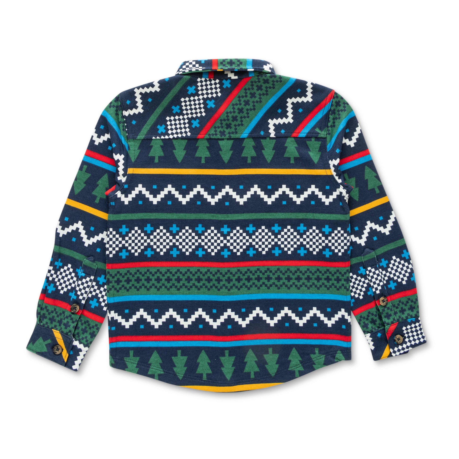Boys' Long Sleeve Button-Up Flannel Shirt – Festive Forest & Geometric Print