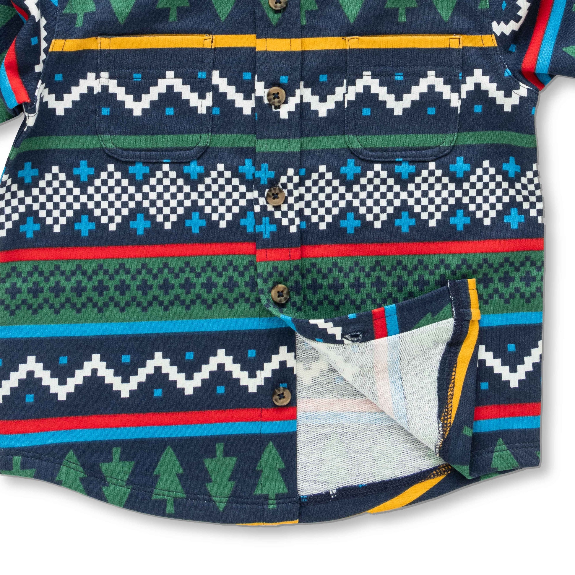 Boys' Long Sleeve Button-Up Flannel Shirt – Festive Forest & Geometric Print