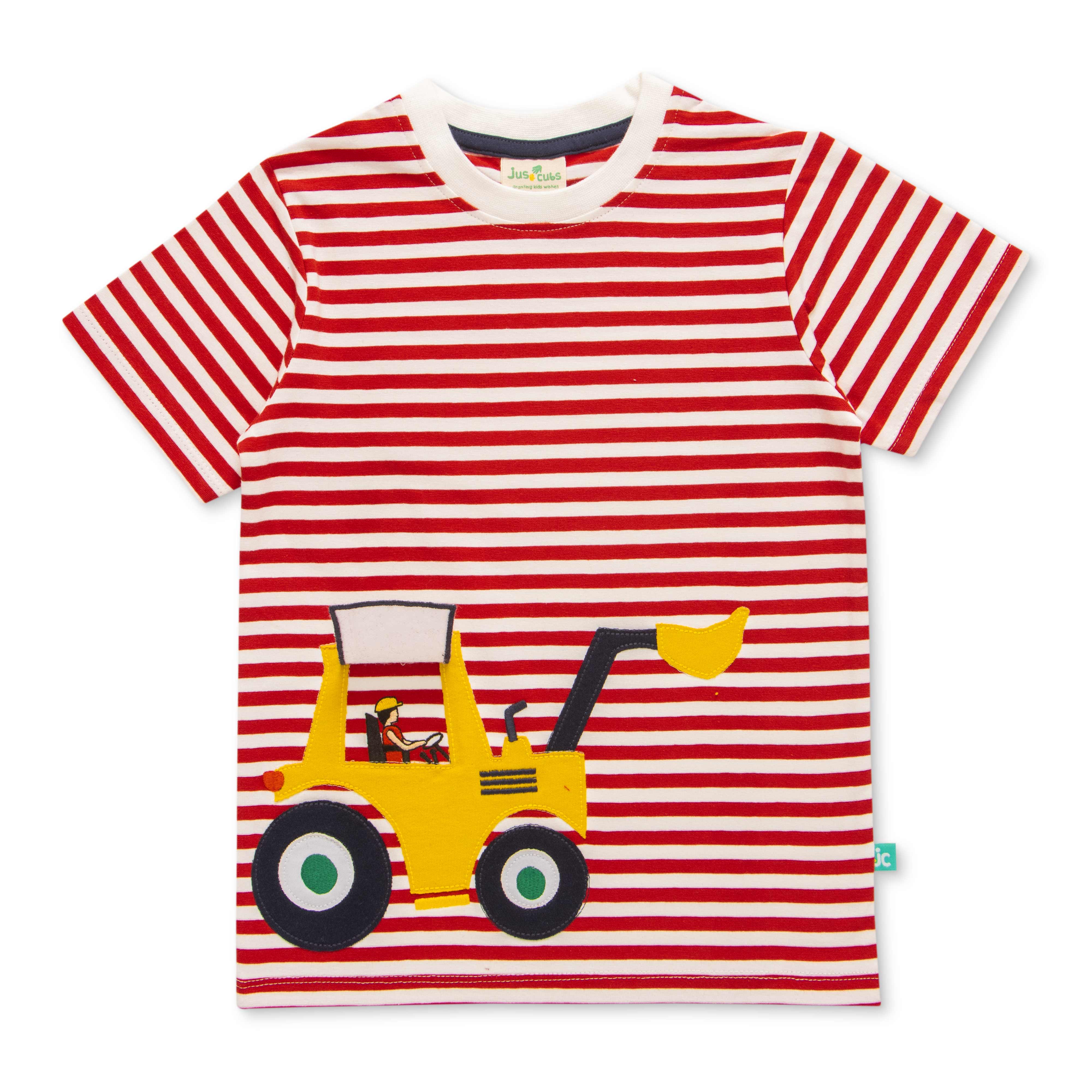Boys Blue Stripes with Digger Patch work Half Sleeve Bio Washed T-shirts - Blue & Red