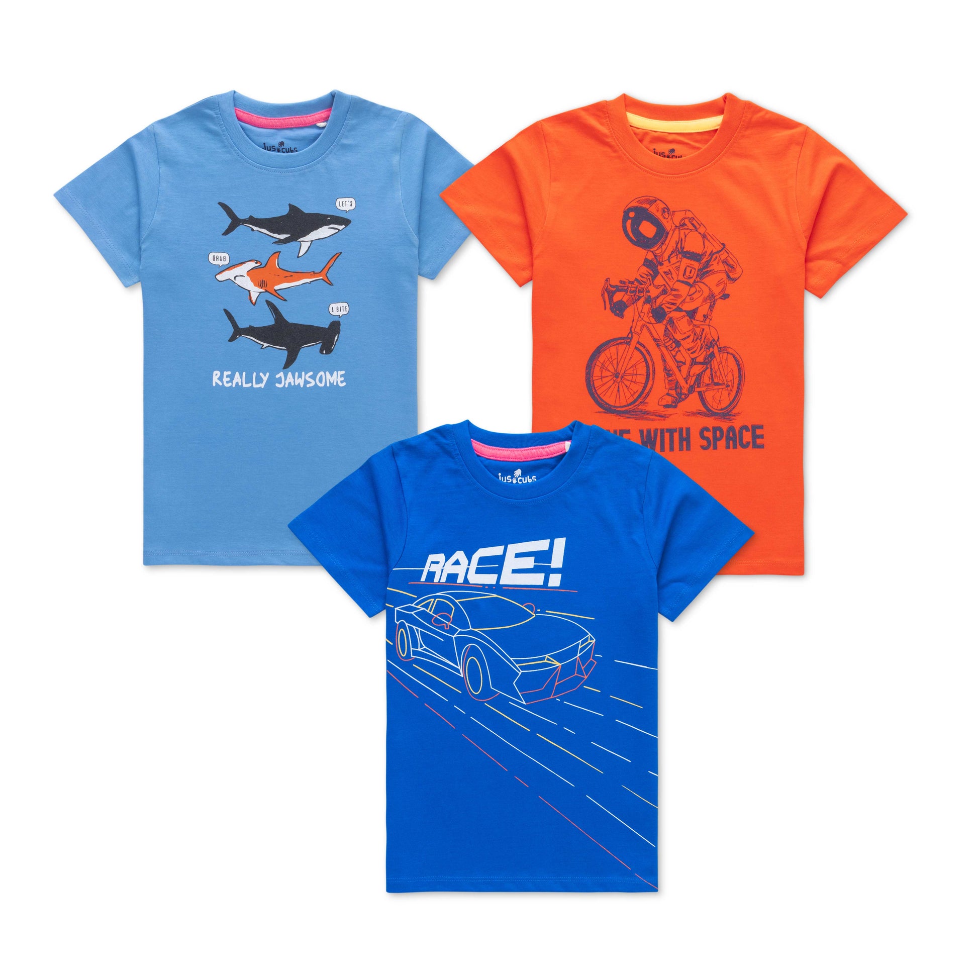 "Boys' Fun Graphic T-Shirt Combo – Pack of 3 (Shark, Astronaut & Race Car Prints)"