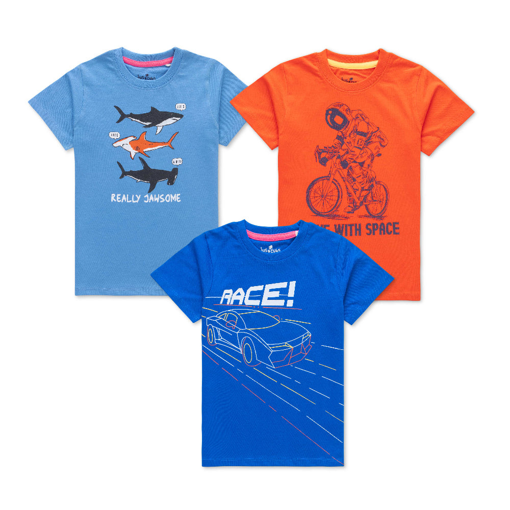 "Boys' Fun Graphic T-Shirt Combo – Pack of 3 (Shark, Astronaut & Race Car Prints)"