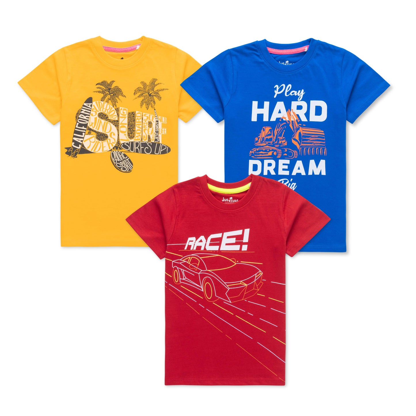 Boys' Graphic T-Shirt Pack – Set of 3 Cool Designs (Surf, Race Car, Construction Theme)