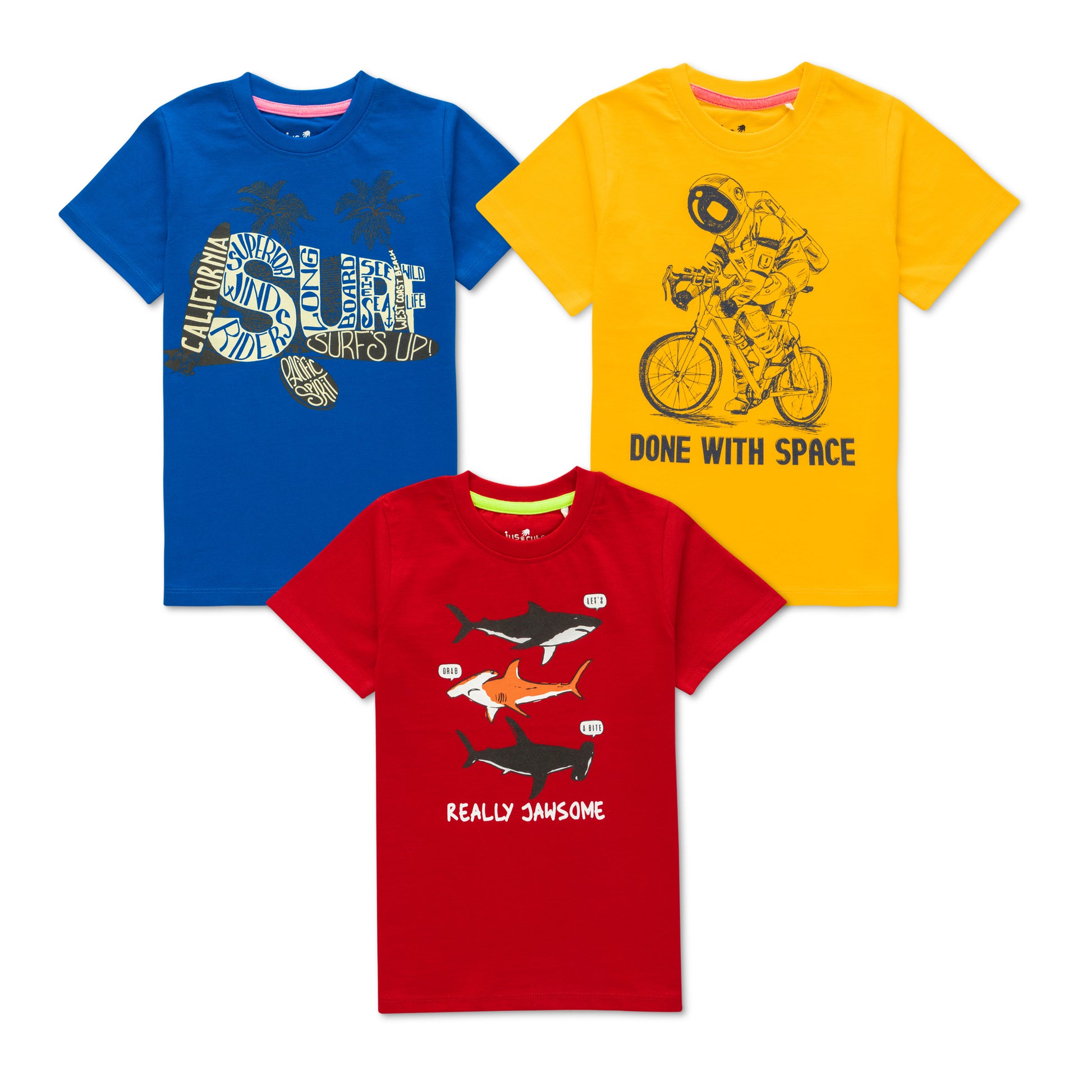 Boys' Graphic T-Shirt Pack – Set of 3 Fun Designs (Surf, Space, Sharks)