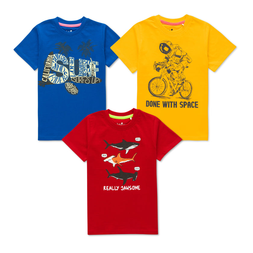 Boys' Graphic T-Shirt Pack – Set of 3 Fun Designs (Surf, Space, Sharks)