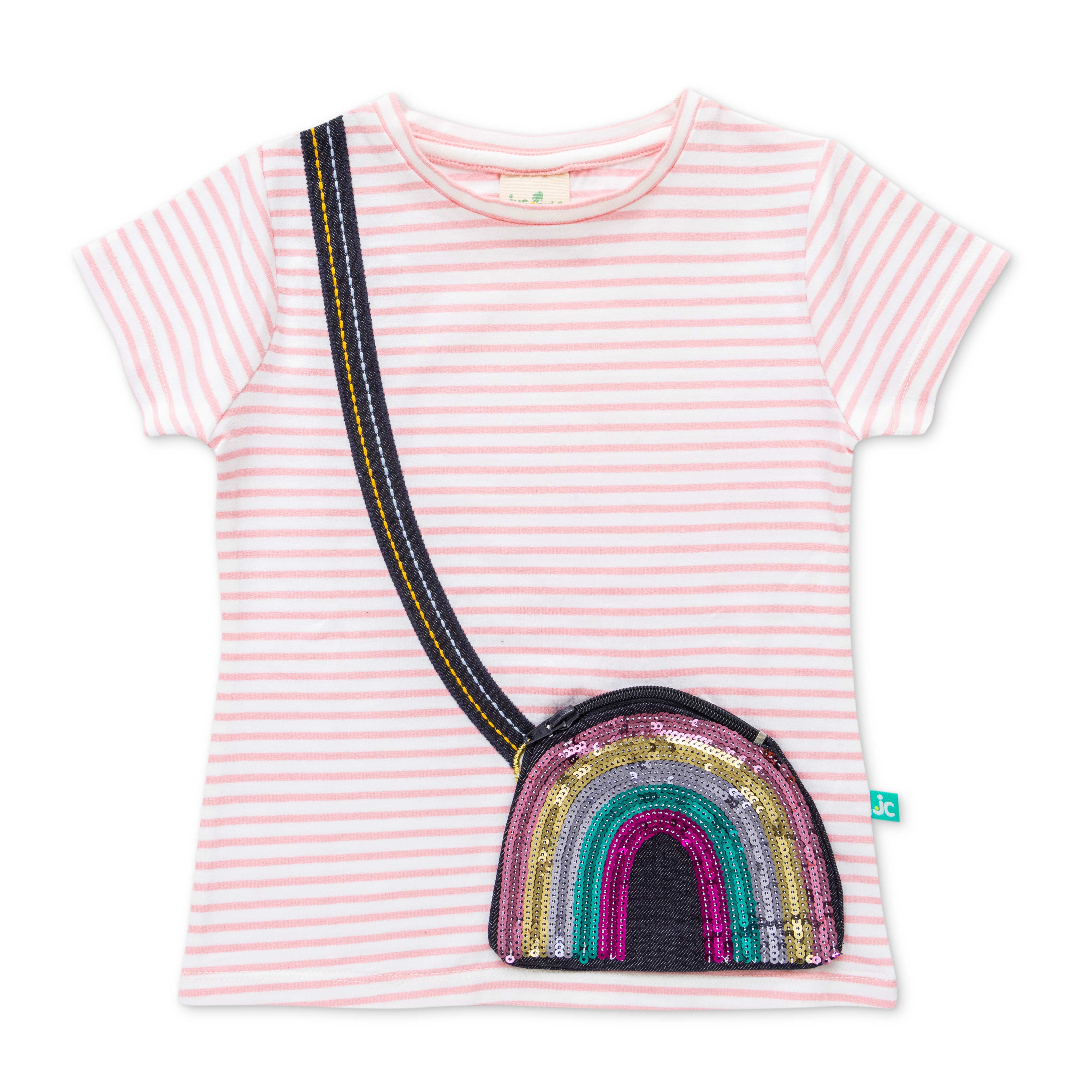 Girls Cotton Toddler Striped T Shirt With Embellished Pocket Round Neck Pink