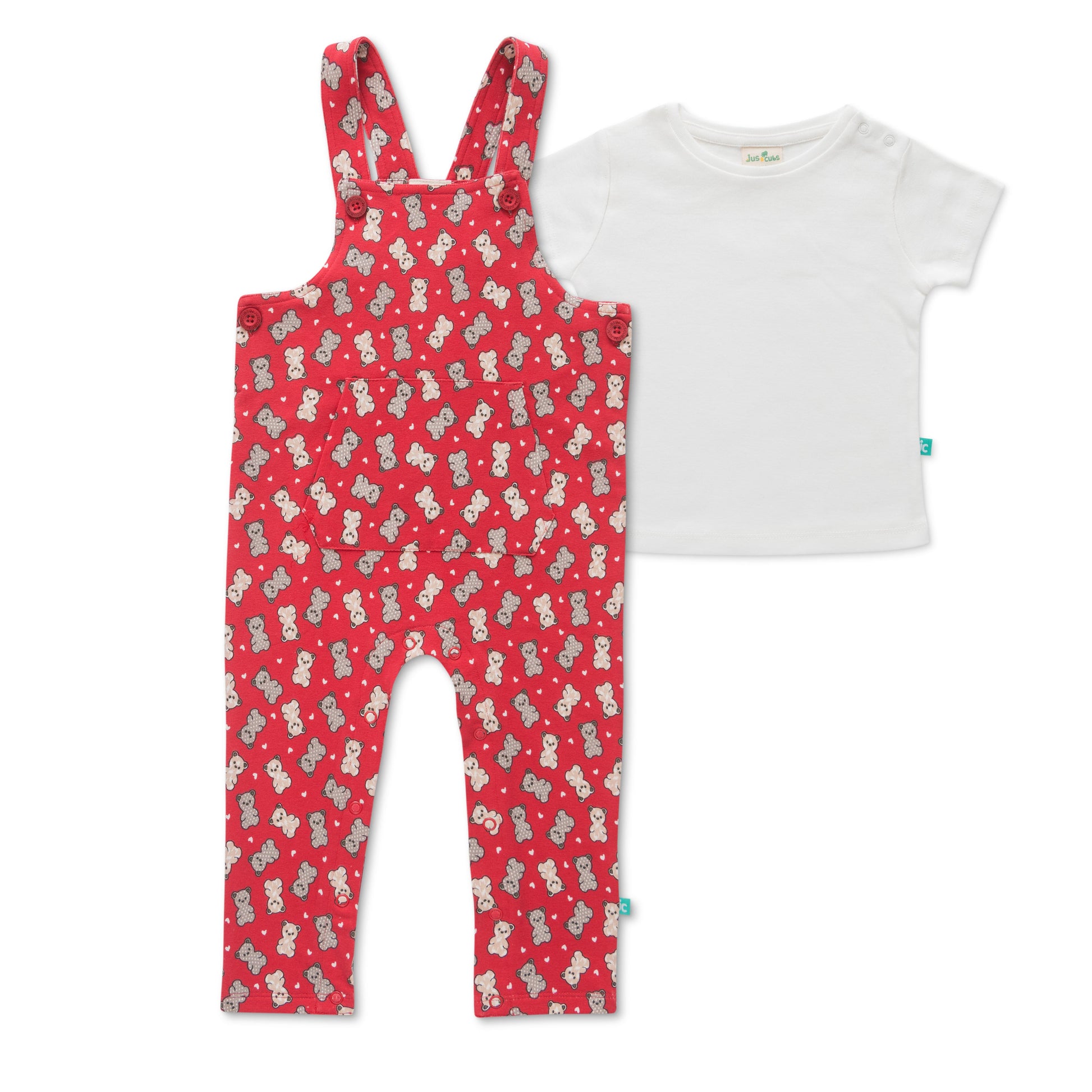 Girls Interlock Infants All Over Print Dungaree - Red