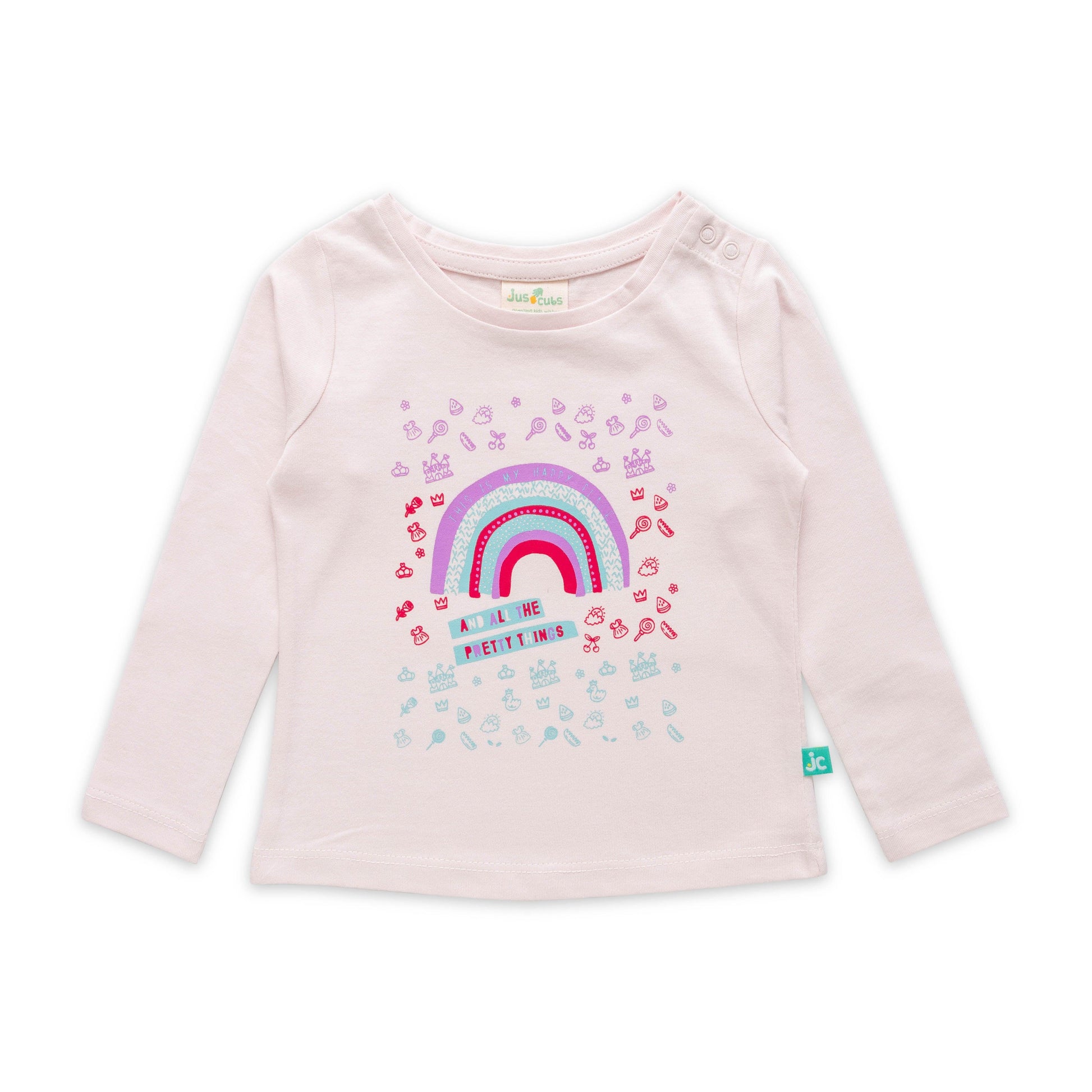 "Baby Girls' Pink Long Sleeve T-Shirt – Rainbow & Pretty Things Print – Soft Cotton"
