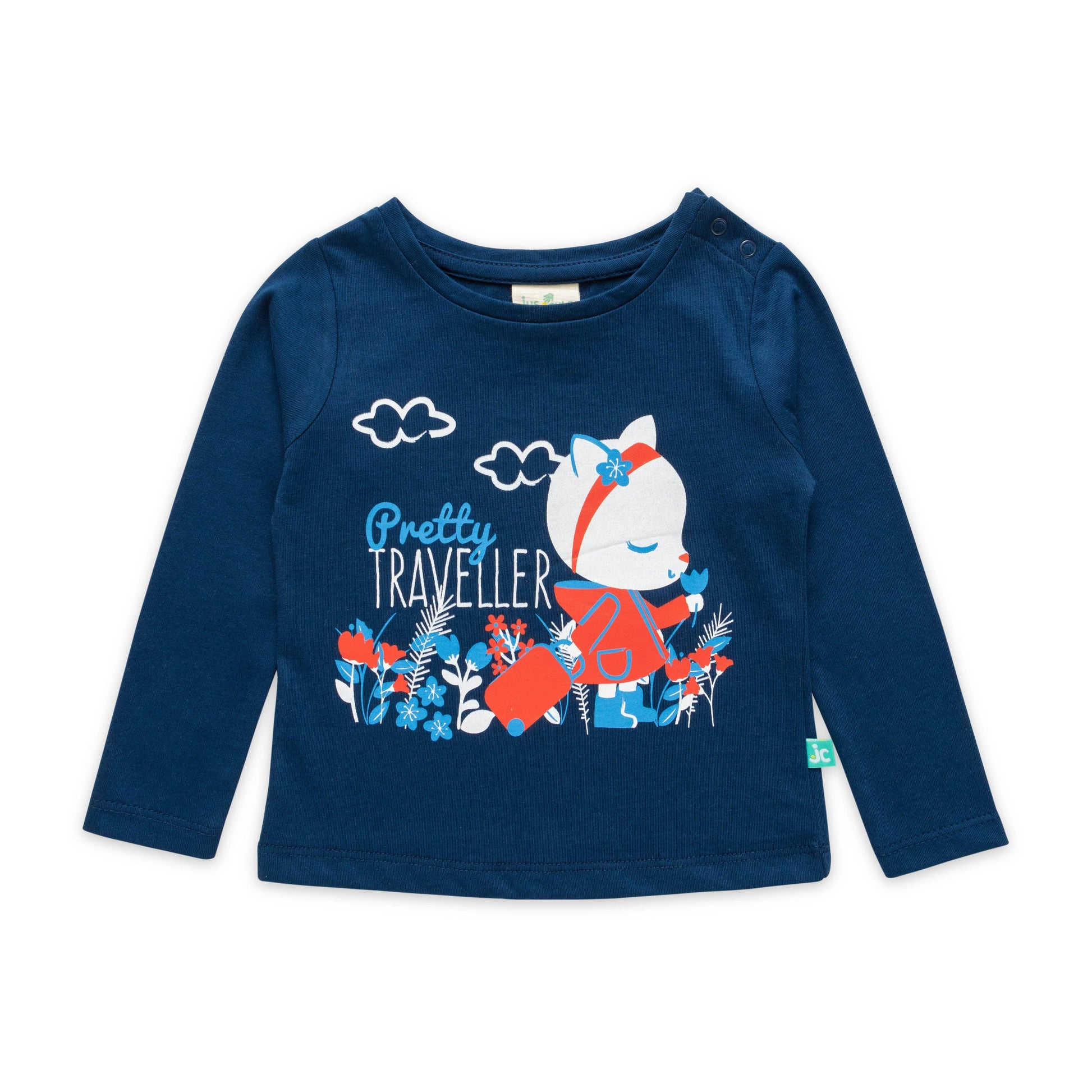"Baby Girls' Navy Blue 'Pretty Traveler' Long Sleeve T-Shirt – Cartoon Animal Print"