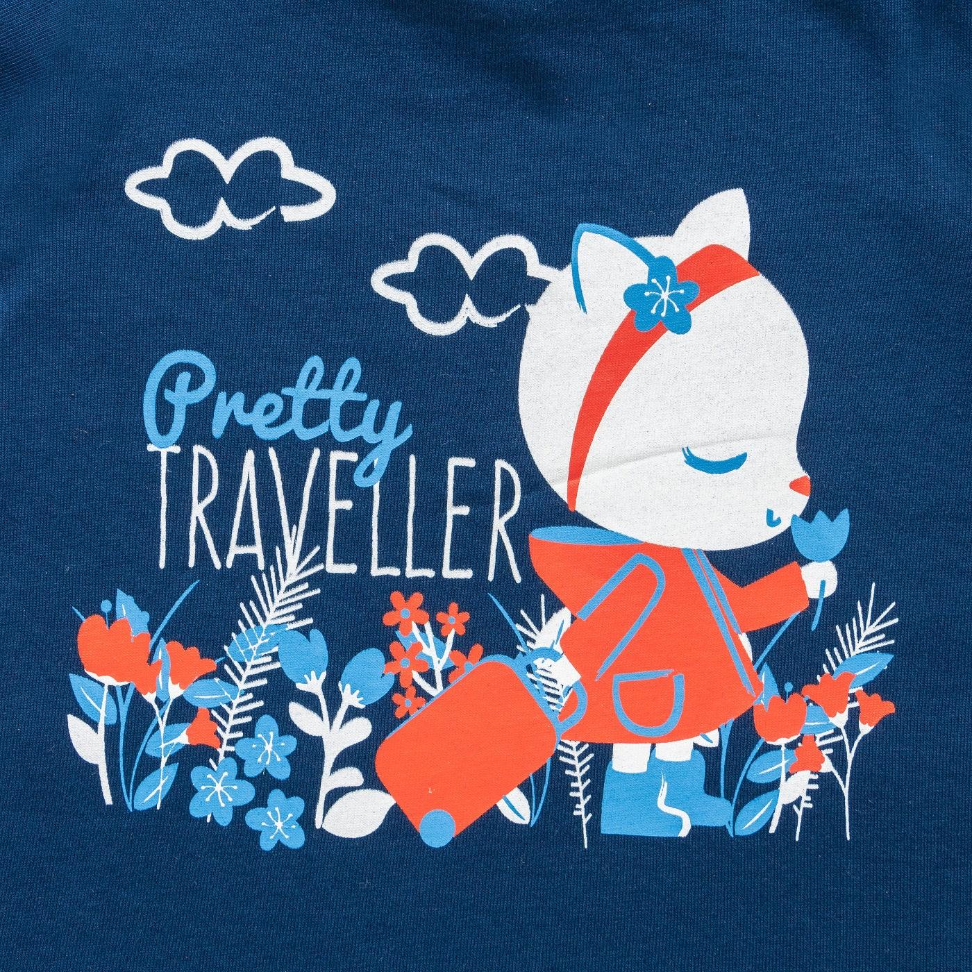 "Baby Girls' Navy Blue 'Pretty Traveler' Long Sleeve T-Shirt – Cartoon Animal Print"
