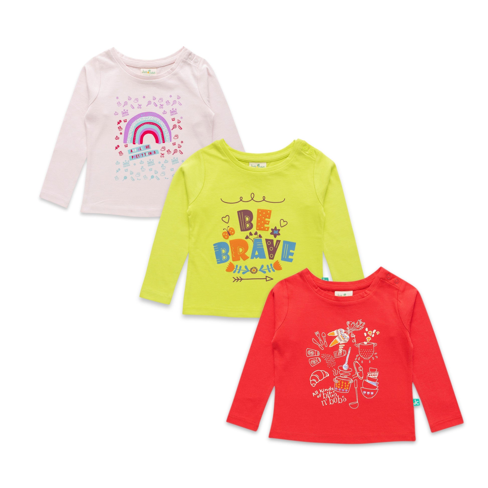"Girls' Printed Cotton T-Shirt Combo Pack - Set of 3 (Rainbow, Be Brave, Food Print)"