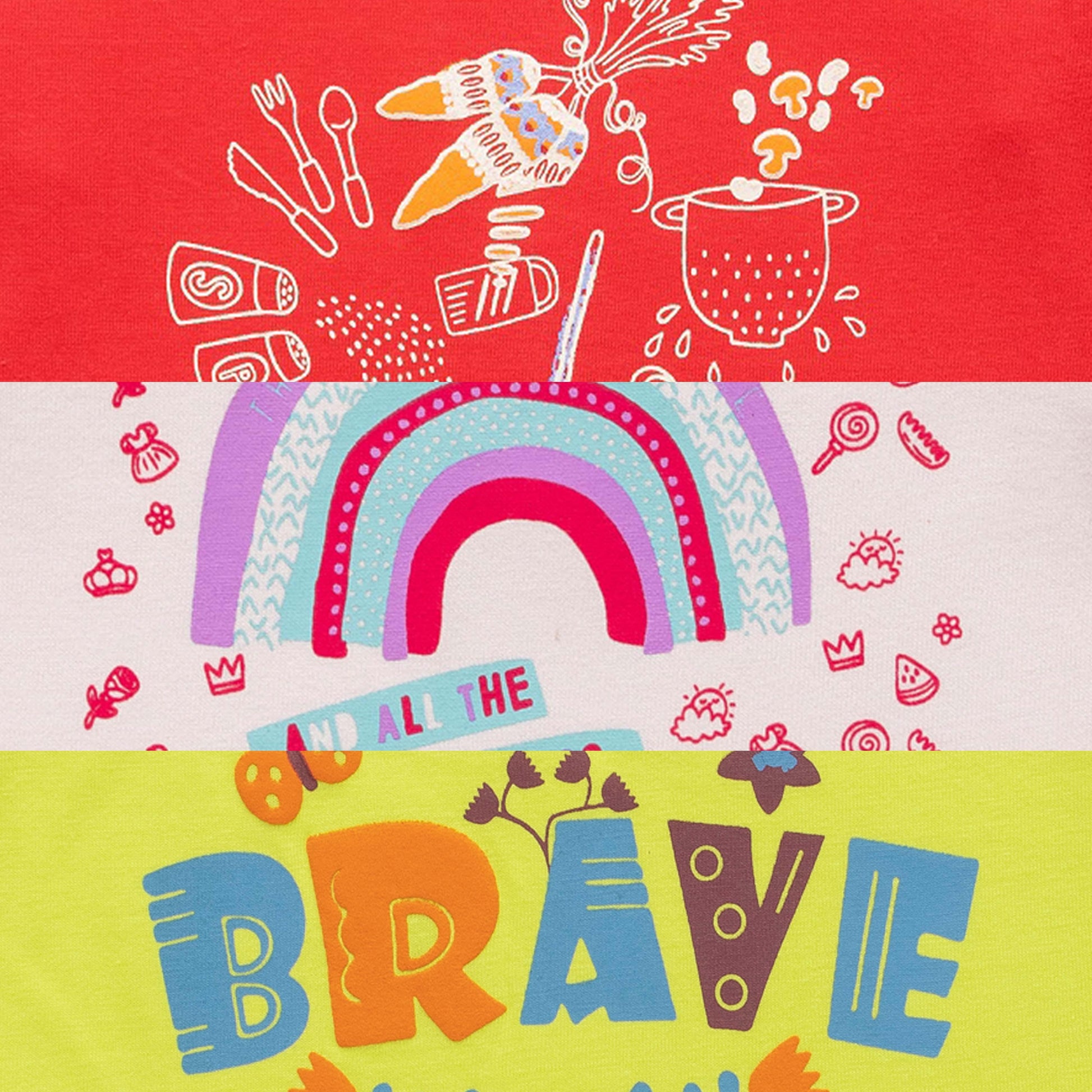 "Girls' Printed Cotton T-Shirt Combo Pack - Set of 3 (Rainbow, Be Brave, Food Print)"