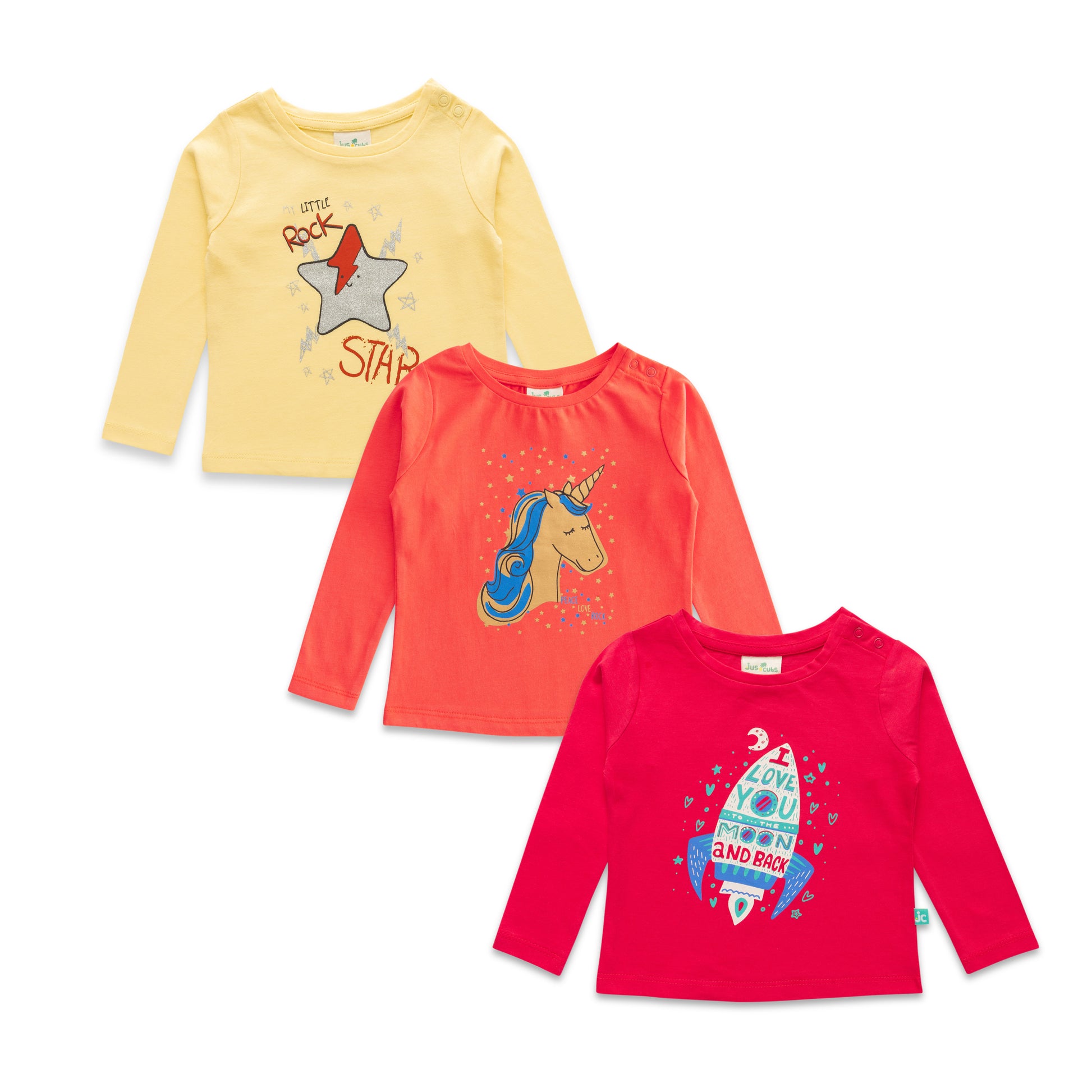 "Baby Girls' Full Sleeve Cotton T-Shirts – Pack of 3 (Unicorn, Rocket & Star Prints)"
