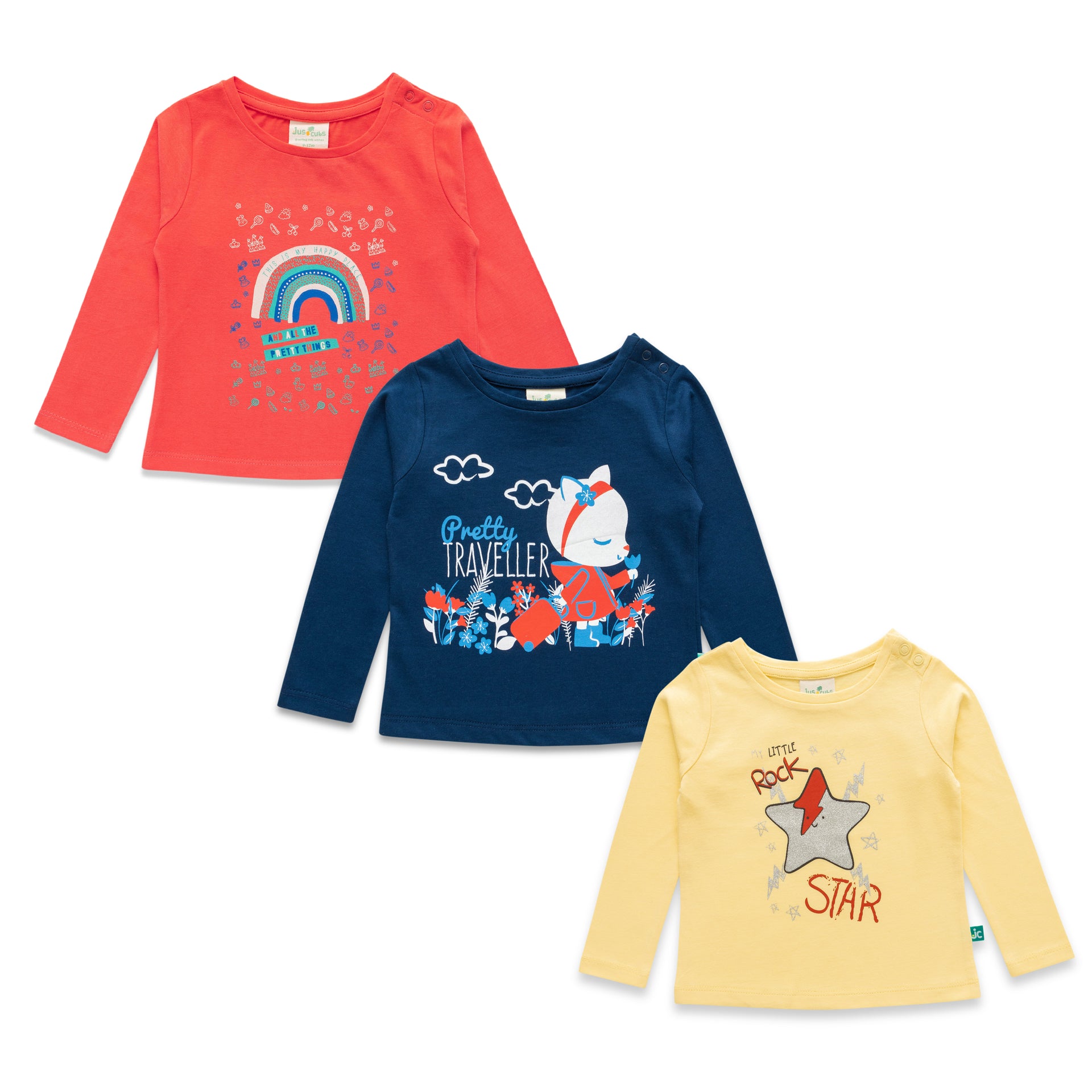 Baby Girls' Full Sleeve Cotton T-Shirts – Pack of (Rainbow