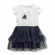 Baby Girls' White & Navy Blue Tulle Dress – Sparkle Layered Skirt, Short Sleeve, Party Wear